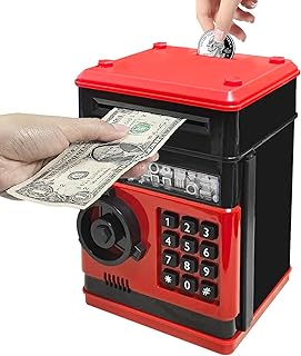 Mini ATM Piggy Bank ATM Machine Best Gift for Kids,Electronic Code Piggy Bank Money Counter Safe Box Coin Bank for Boys Girls Password Lock Case (Black Red)