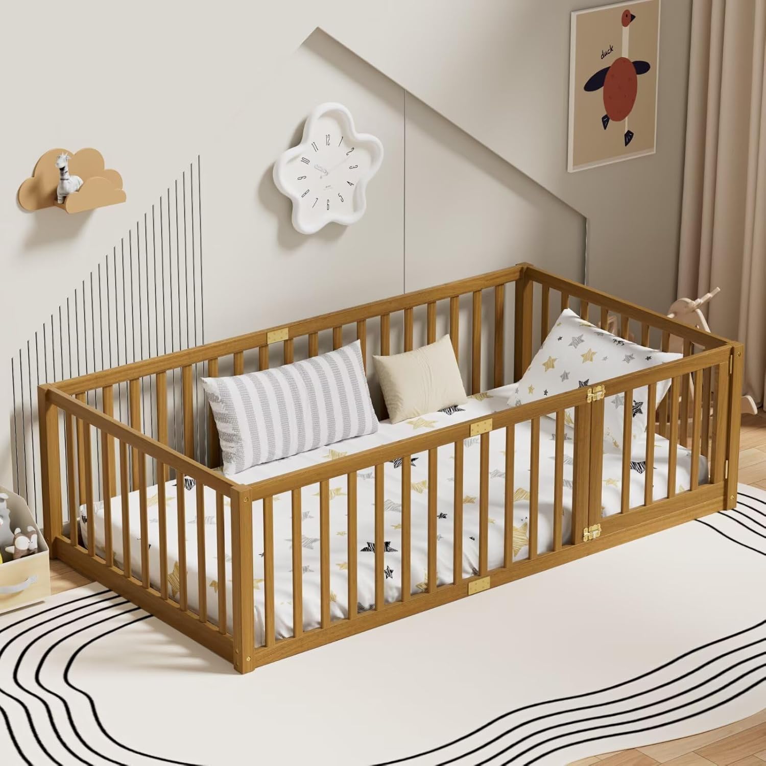 LLS Twin Size High Fence Floor Bed, Solid Wood Multifunctional Montessori Bed Frame with Door for Toddler Kids, Without Slats, Natural