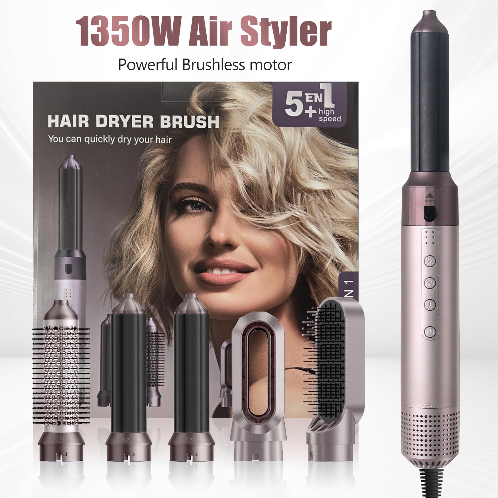 Cepillo Secador De Pelo, Air Styler 5 en 1, Cepillo de Aire 1350W | Cepillo de Aire Caliente 110000 RPM, Multifuncional Modelador, Cepillo alisador pelo para Volumen/Doblar/Suavizar/Secar
