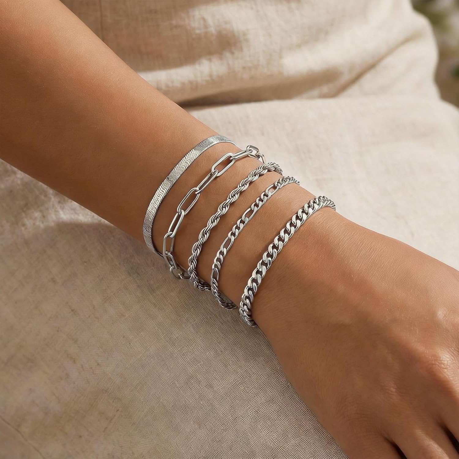 Stackable Bracelet Set for Women, Shell Tennis Cuff Bracelet Gold Silver Layered Chain Bracelets, Mixed Link Bracelets Stack, Trendy Minimalist Wrist Jewelry for Everyday, Party, Gift - Image 4