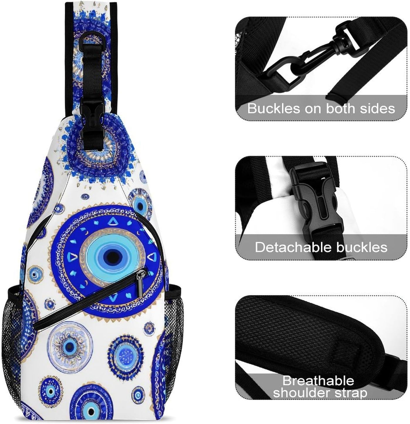 Blue Greek Evil Eyes Men Crossbody Sling Backpack Chest Bag | Travel Fanny Pack,Hiking Daypack,Print Shoulder Bags