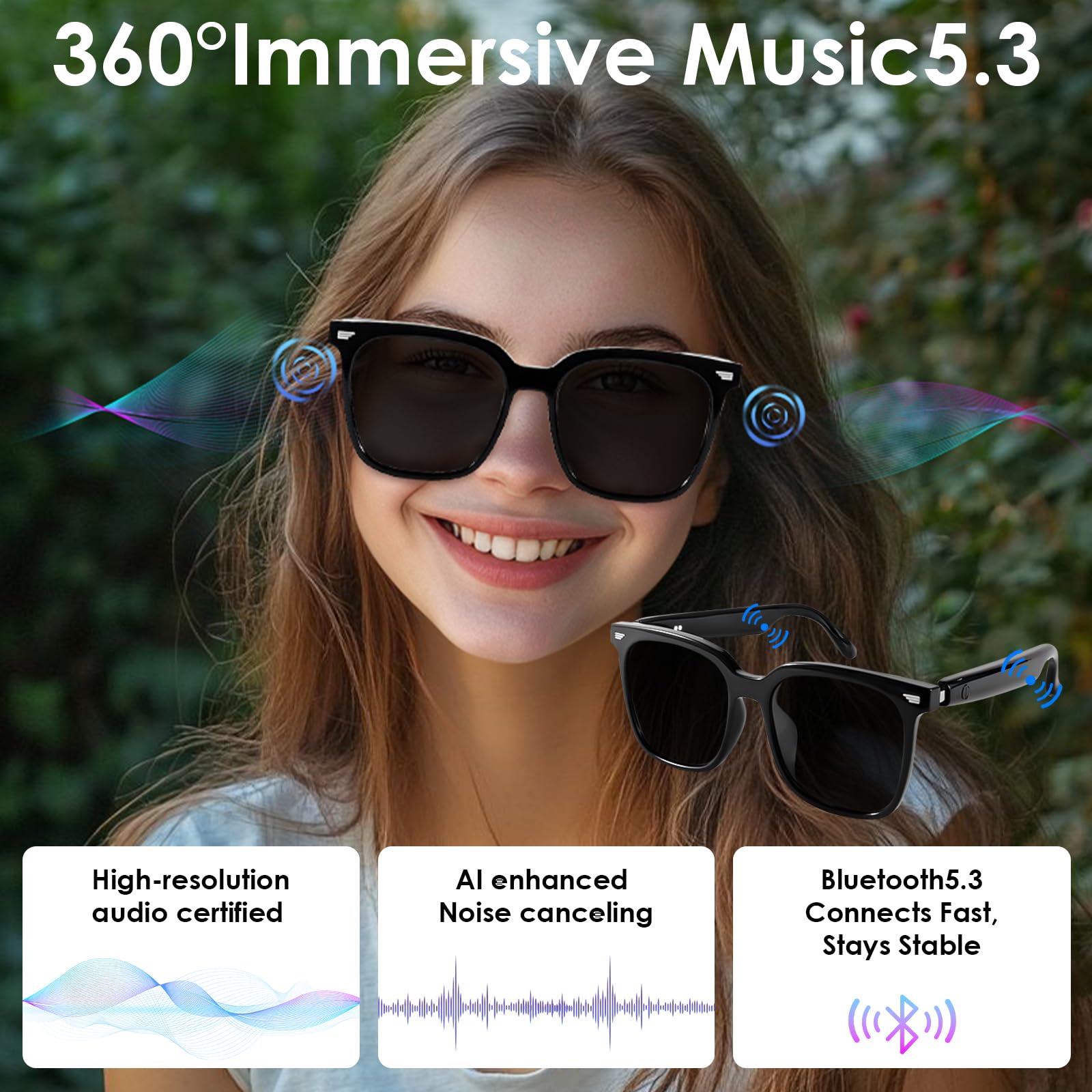 Smart Sunglasses with Voice Control, Hands-Free Calls & UV400 Protection - HD Audio, Built-in Mic, 6H Playtime, Lightweight Bluetooth Sunglasses for Driving, Running (Black)