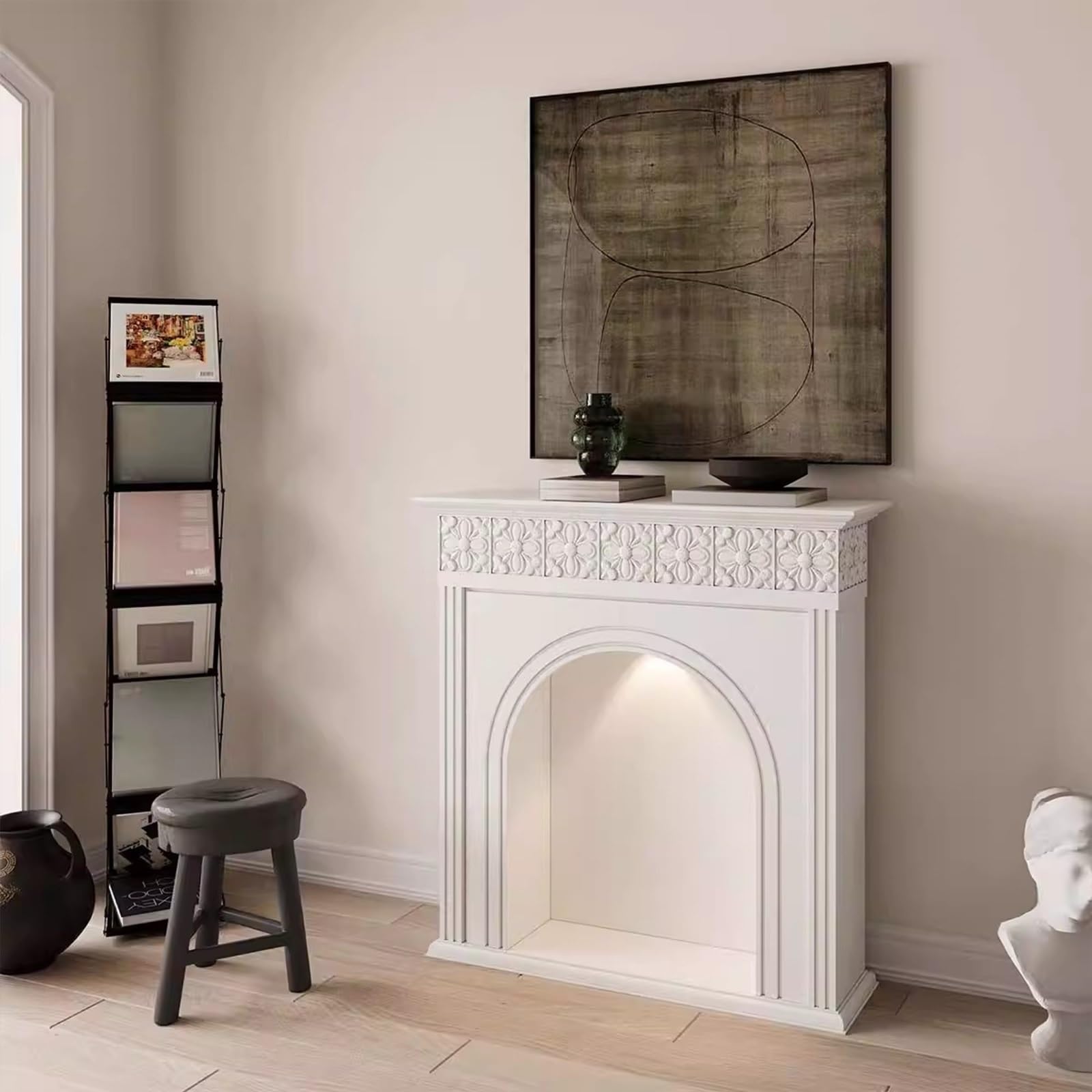 Cornice per caminetto Camino moderno ad arco con illuminazione a LED(Bianco,M)