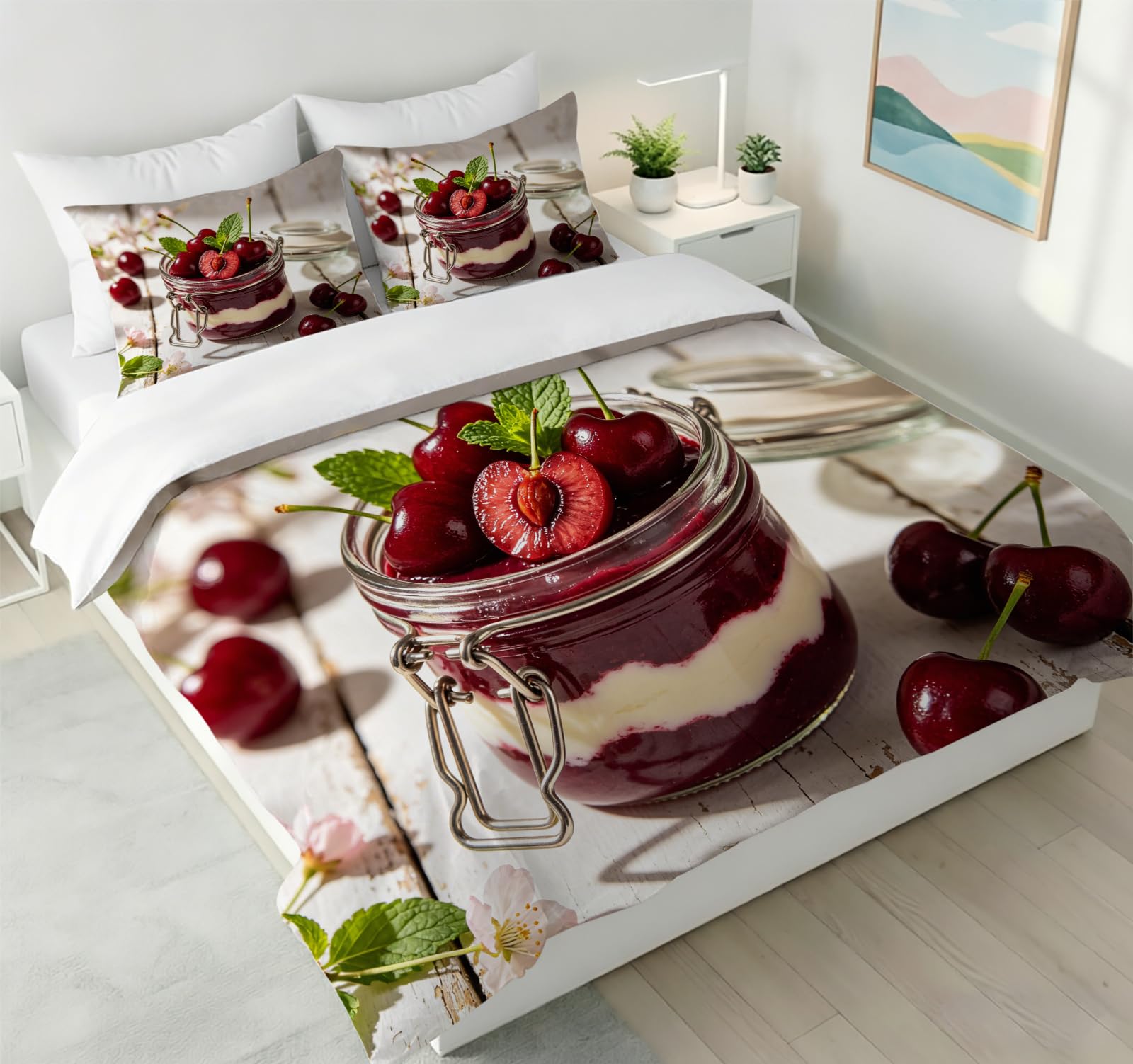 Funda Nórdica Cama 135/150 Pastel de Cerezas Impresión 3D Microfibra Suave Ropa de Cama Postres Deliciosos Funda Edredon 220x240 cm con Cremallera y 2 Fundas de Almohada 50x75 cm l.1250
