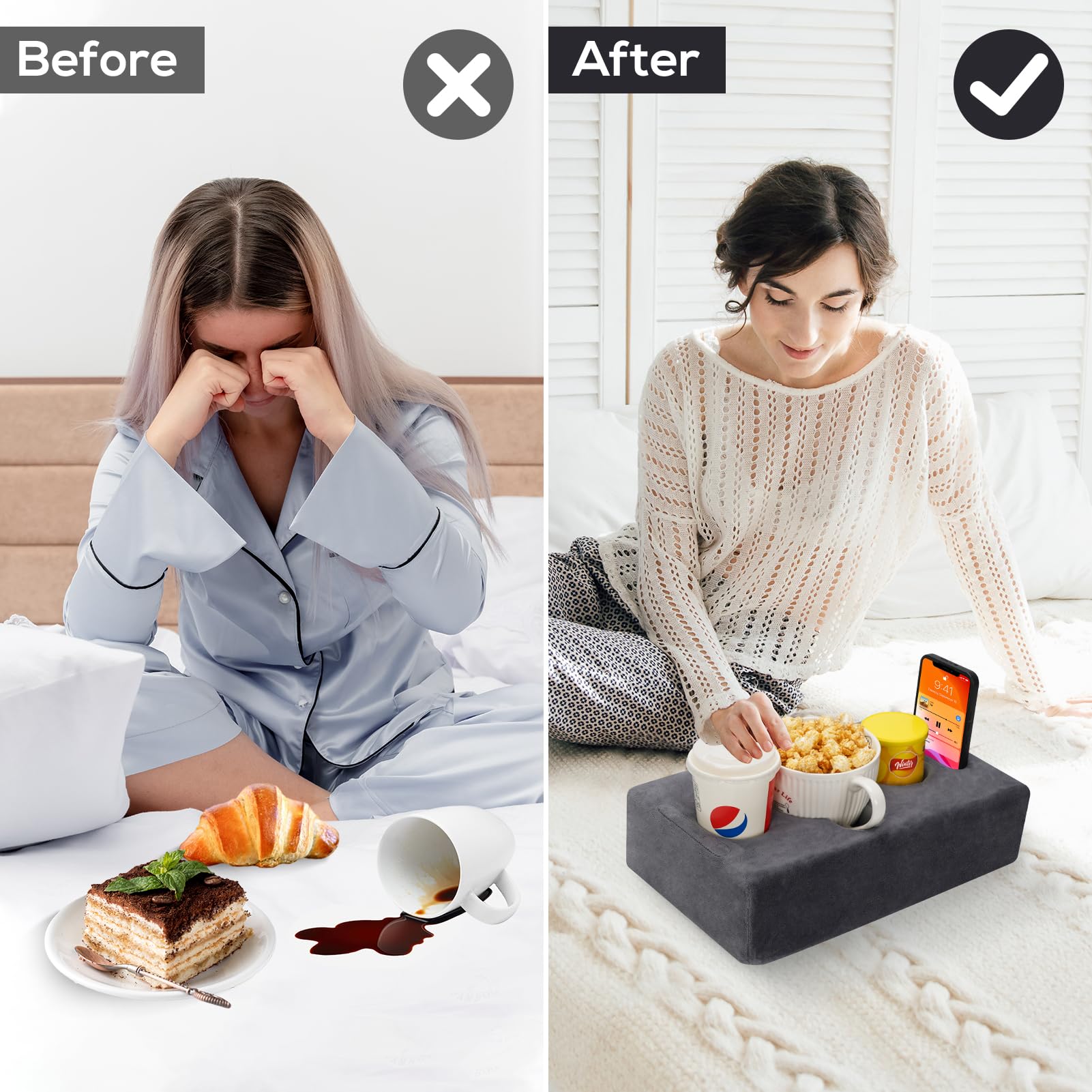 FDMGEL Couch Cup Holder Pillow - Cup Glass Cozy Pillow | Couch Caddy Sofa Bed Buddy Holds Drinks, Snacks, Remotes, Phones, Tablet. Keep Drinks Stand and Prevent Spills (Grey)