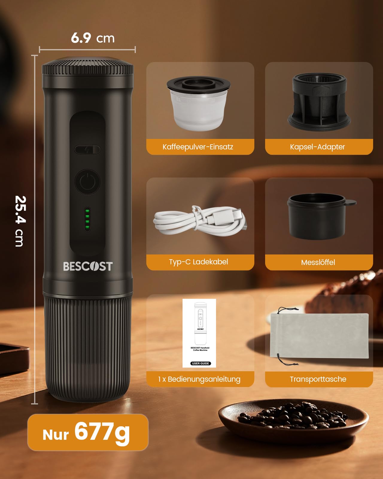 Tragbare Espressomaschine mit Akku 20 Bar, Camping Kaffeemaschine für unterwegs USB-C, 2 in 1 Reisekaffeemaschine für NS Kapseln & Kaffeepulver, Auto, Wohnmobil, Wandern, Reise