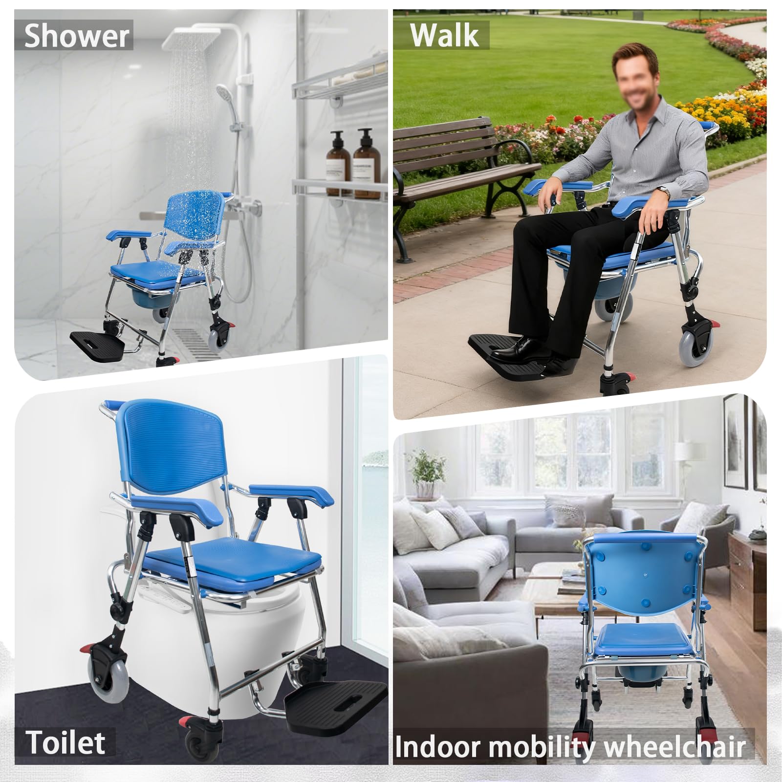 Sedia Comoda Pieghevole WC per Anziani con Rotelle, Blu Sedia a Rotelle con WC per Anziani Pieghevole, 3-in-1 Sedia Doccia Disabili con Ruote Impermeabile, 150kg