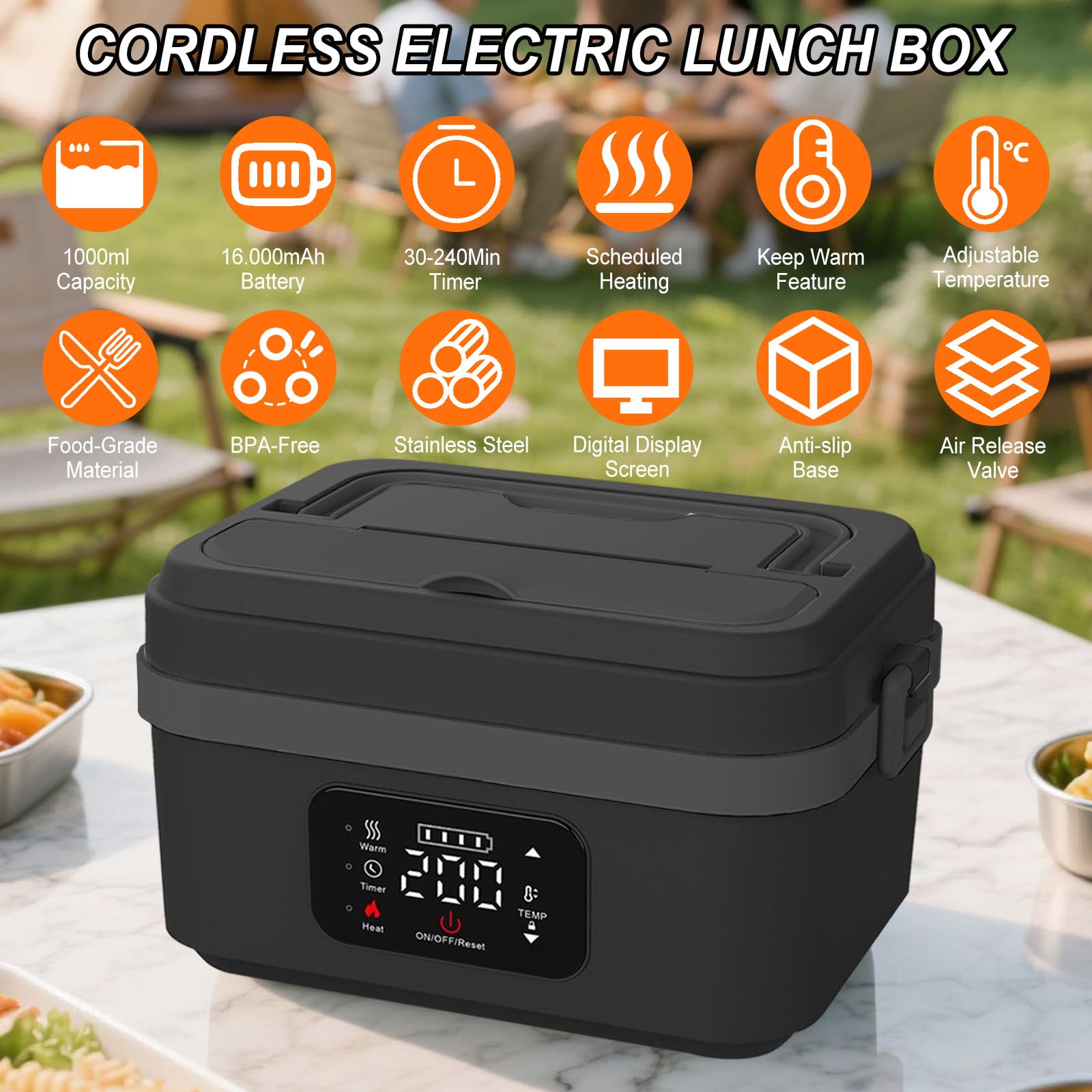 1L Elektrische Lunchbox mit Akku, Tragbare Elektrische Lunchbox mit Einstellbarer und TimerHeizfunktion, Beheizbare Brotdose mit Isoliertasche, Gabel & Löffel für Arbeit Reisen Unterwegs