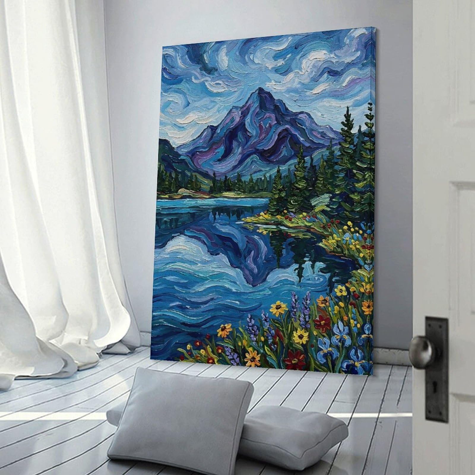 Junmoney Impressionist Mountain Lake Landscape Canvas Wall Decor, 24x36inch(60x90cm), for Apartment Walls, Studios Or Work Areas, Decorative Canvas Decor for Home Updates