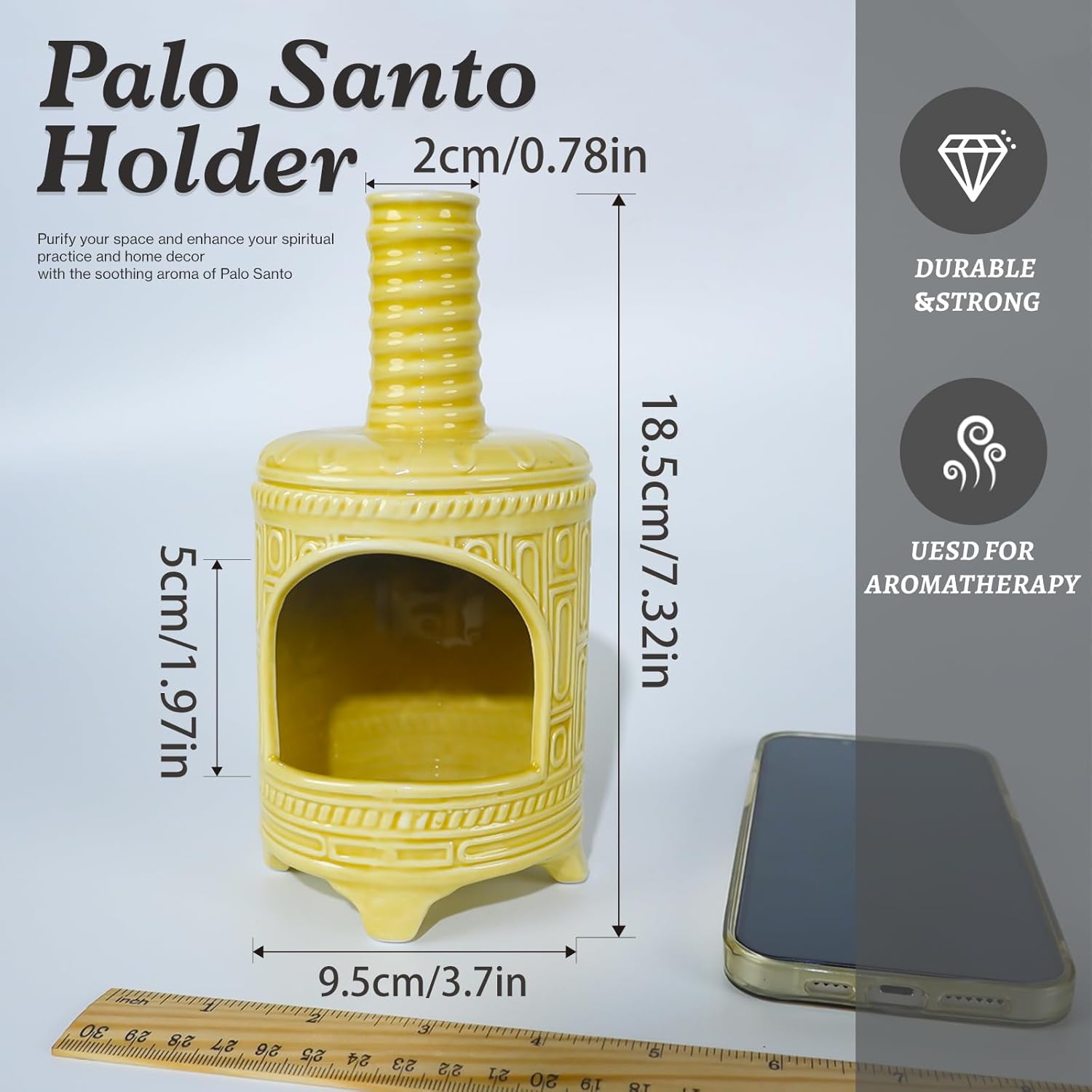 MOUGIGI Yellow Ceramic Palo Santo Burner Holder - Purpose for Palo Santo Sticks, Sage Smudge Sticks & Incense Cones Burning – Ideal for Energy Cleansing, Yoga, Meditation & with Unique Chimney Design