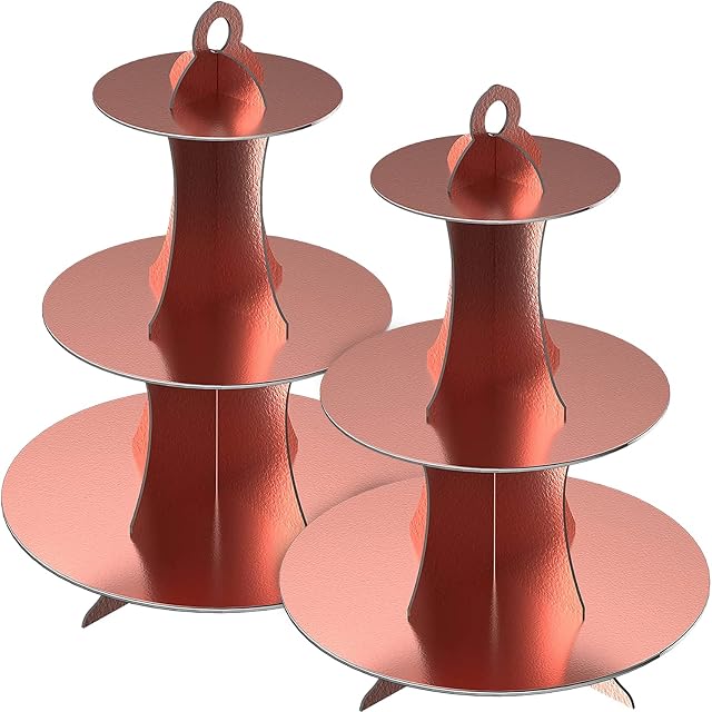 2 Pack Rose Gold Cardboard Cupcake Stand 3- Tier Dessert Stand Round Cupcake Holder Tower for Birthdays, Party, Baby Showers