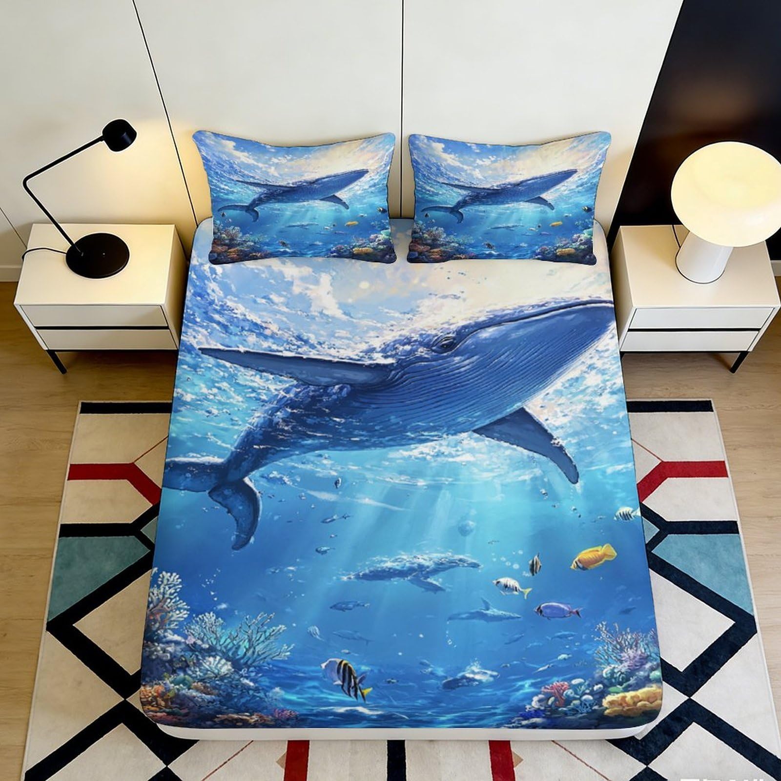 3D Printed Ocean Whale Fitted Sheet Microfiber Soft Breathable Underwater Scene Bed Cover for Bedroom Dormitory Guest Room Mattress Protection 120x200x25cm