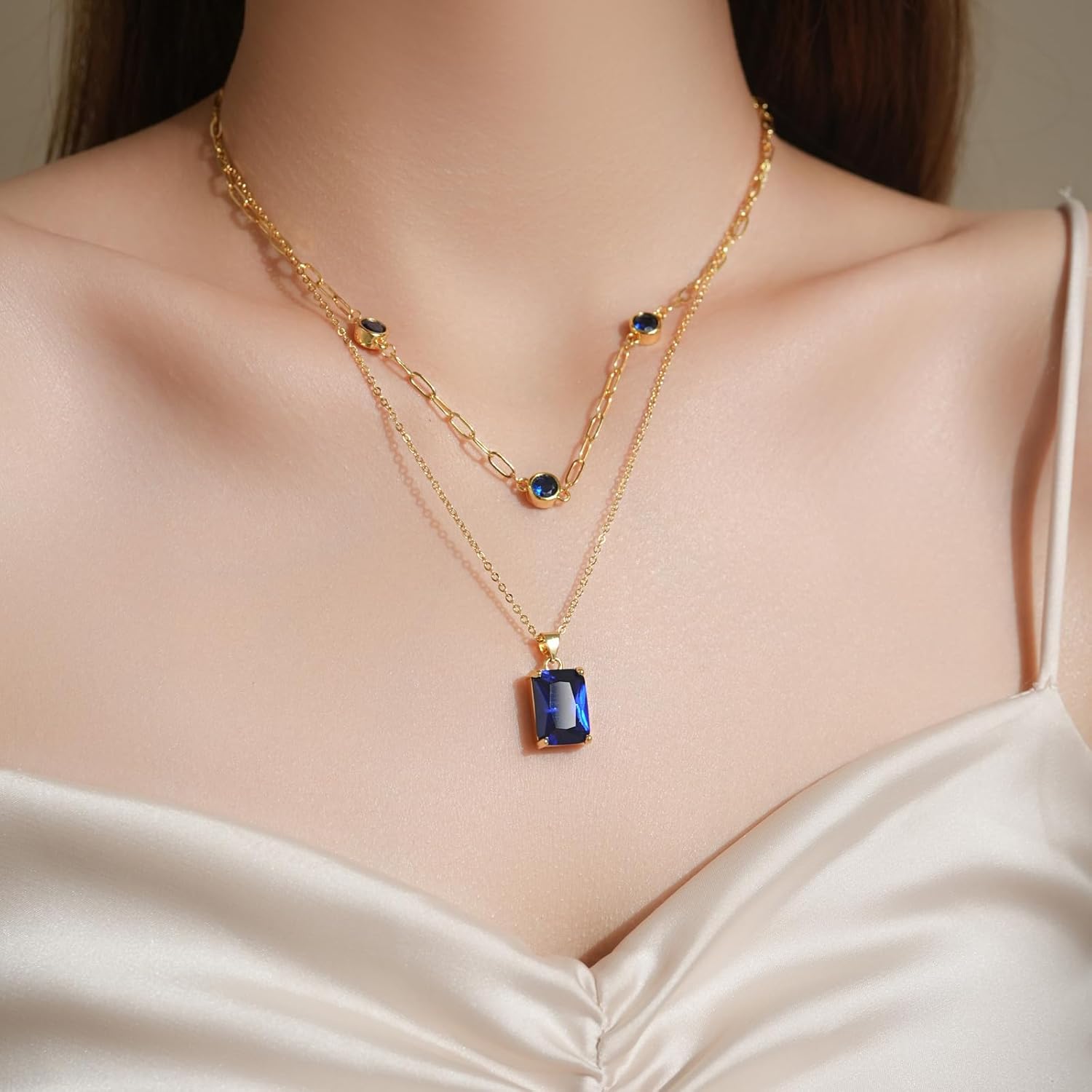 Natural Birthstone Necklace for Women 18k Real Gold Plated Crystal Layered Necklace Mother's Day Birthday Gift for Her Best Friend Valentine's Day Gift for Girlfriend Wife