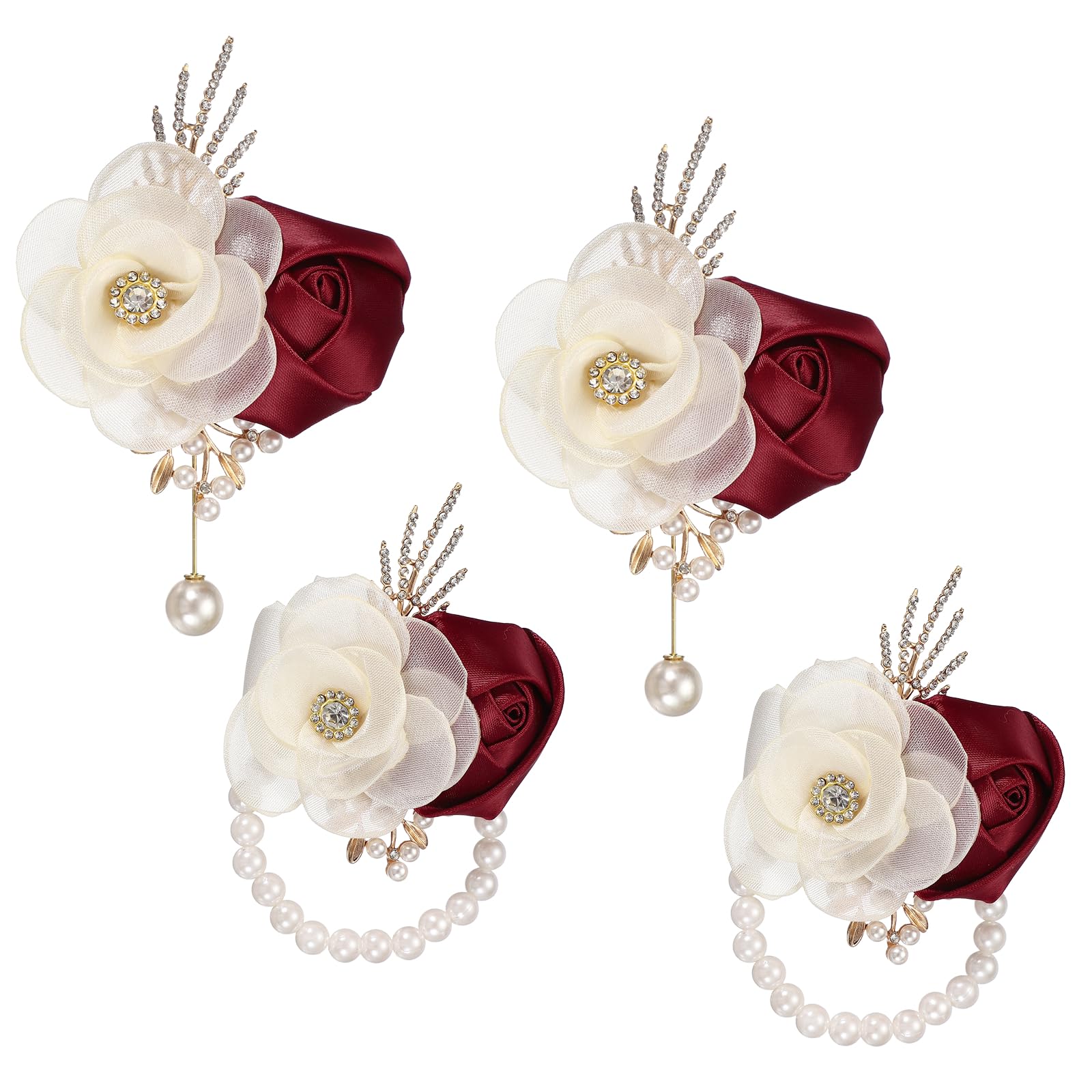 sourcing map Wrist Corsage and Boutonnieres Set, 2 Set Corsage Dark Red