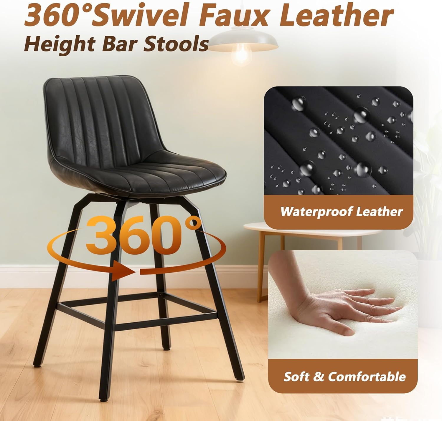 26" Counter Height Bar Stools Set of 4, 360°Swivel Bar Stools Stripes PU Leather, Island Stools with Back and Metal Legs, Bar Chairs for Kitchen, Bar, Dining Room, Black