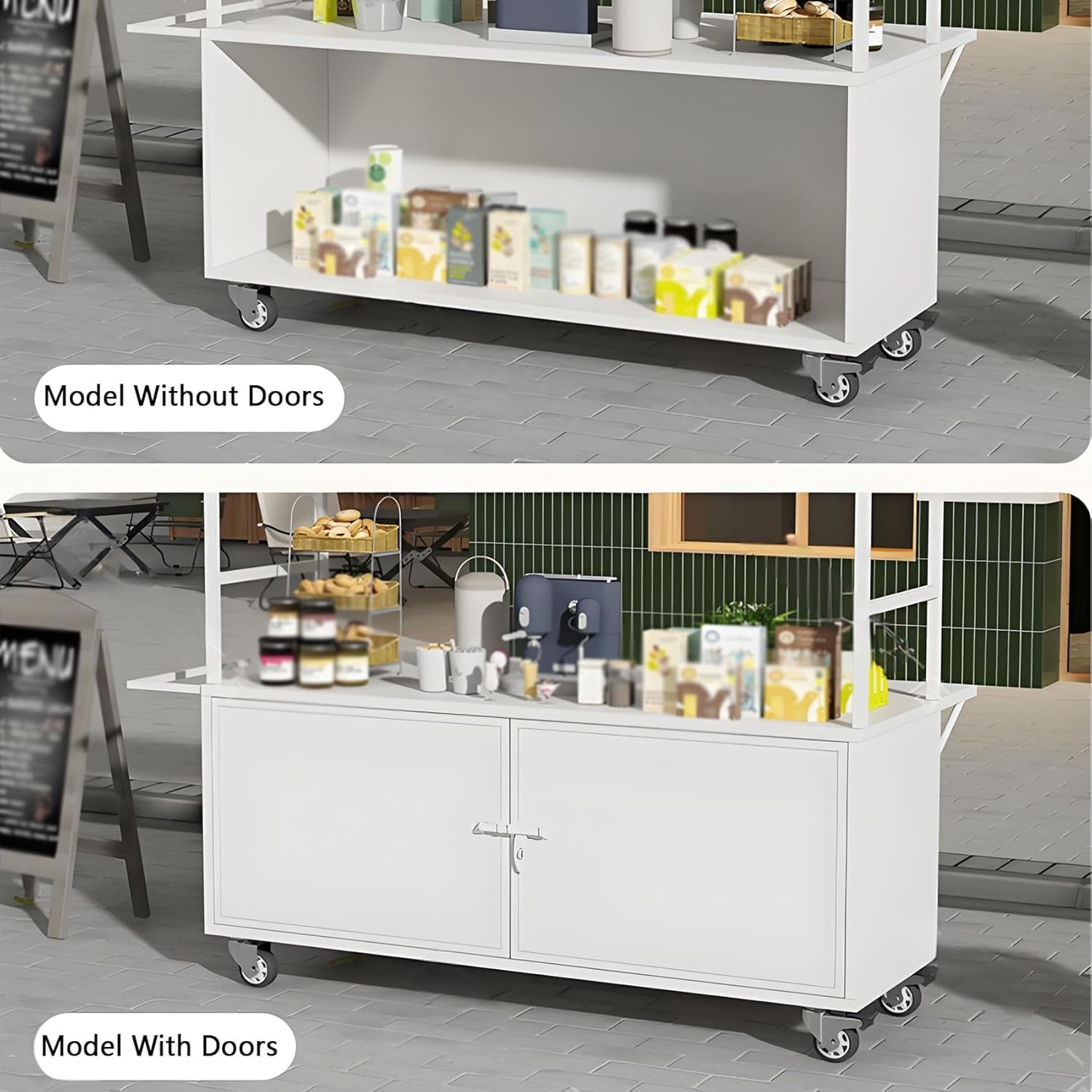 Carrello portavivande portatile con tettuccio e ruote bloccabili con serratura, 139,7 cm di lunghezza x 88,9 cm di larghezza x 210,8 cm di altezza, ideale per artigianato ed eventi (senza ante
