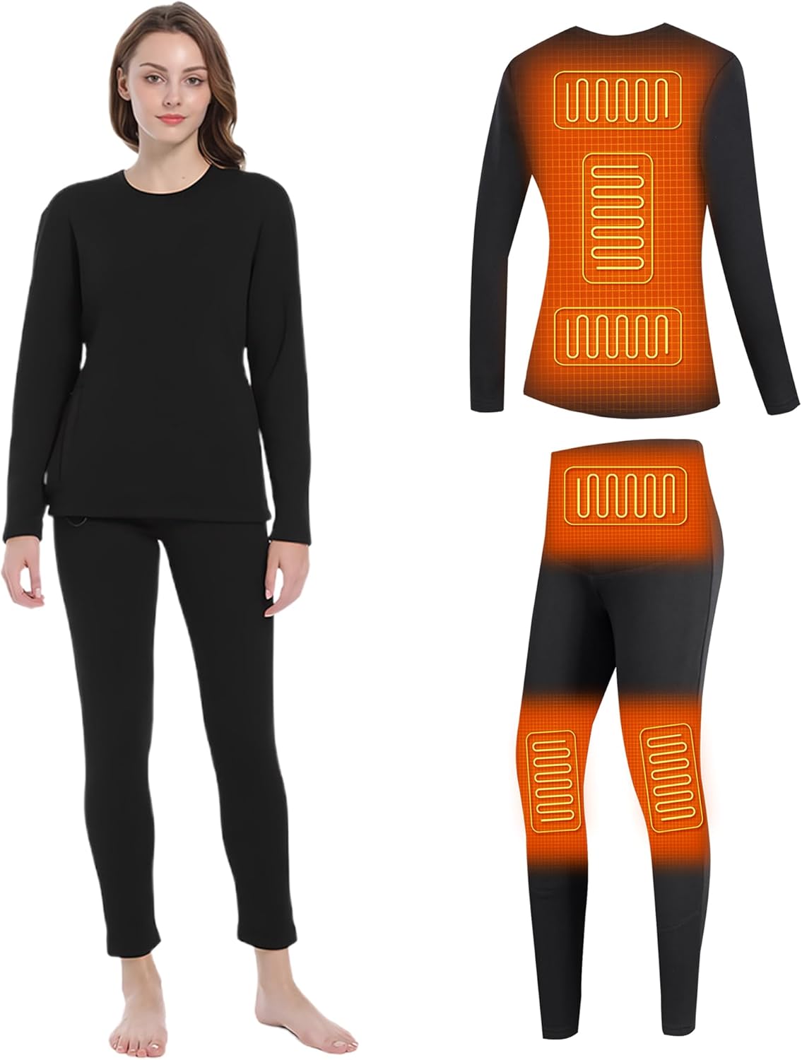 Heated Underwear Set, Women Heating Long John Set Electric Thermal Baselayer Shirt and Pant for Outdoor Sport