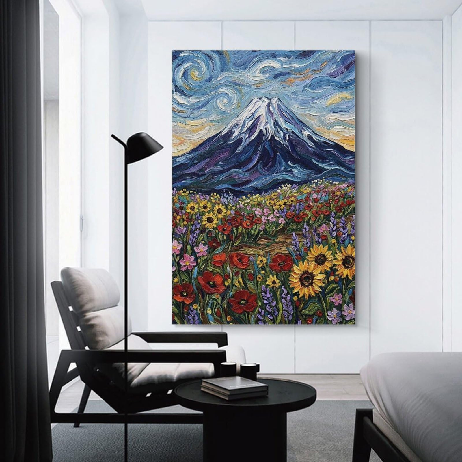 Junmoney Impressionist Mountain Landscape with Flowers Hanging Wall Art 24x36inch(60x90cm), for Front Hall, Corridor Or Welcome Spaces, Wall Decor to Refresh Empty Corners