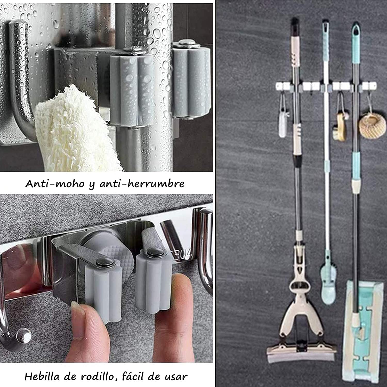 Voarge Stainless Steel Broom and Mop Hanger with 3 Holders and 4 Hooks for Brush and Mop Organizer Tool Holder for Home Kitchen - Image 4