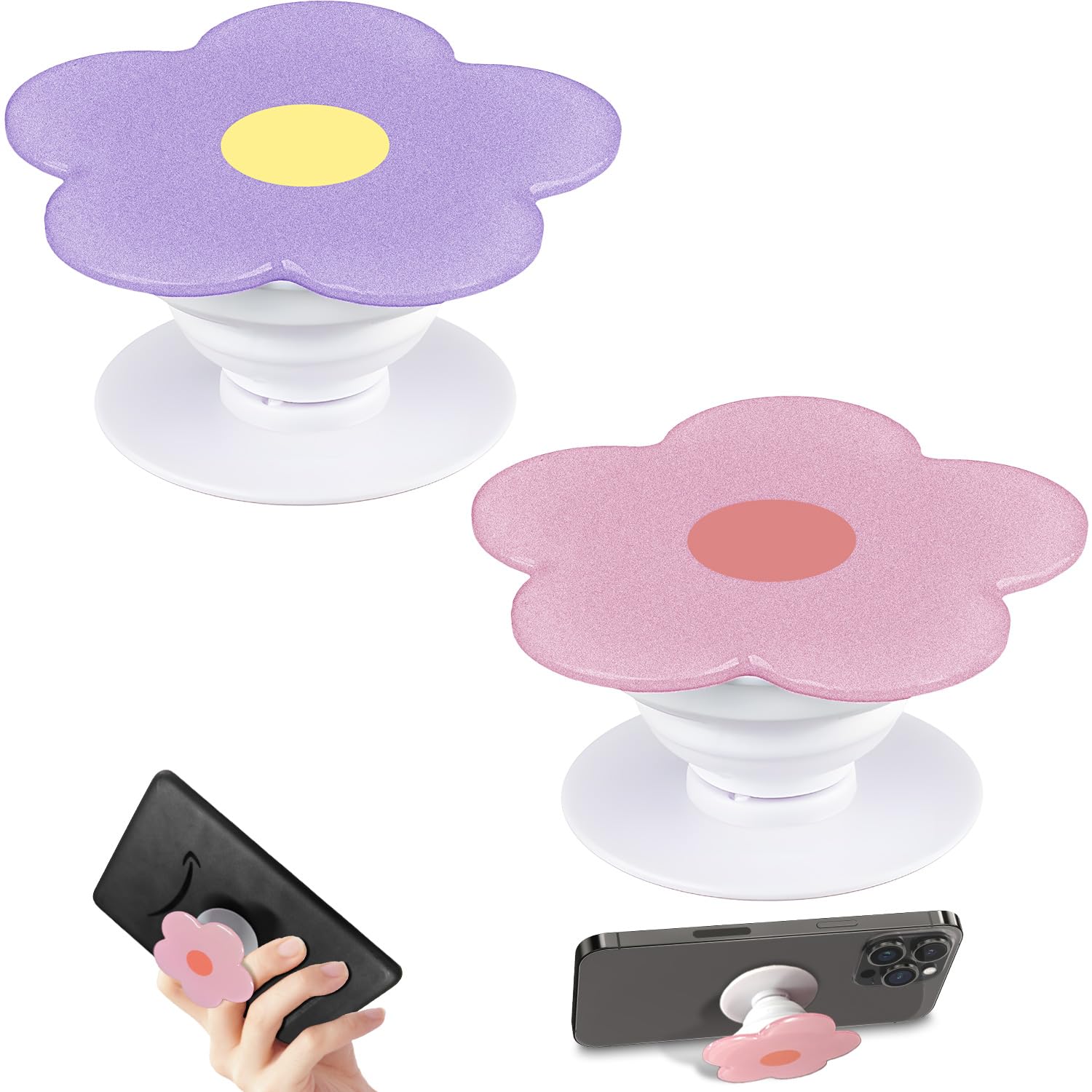 T Tersely [2 Pack] Colourful Flower Expandible Collapsible Moblile Phone Grip,Kindle, Tablets E-Book Accessories,Comfortable Touch,Secure Grip-Pink,Purple (Pink+Purple)