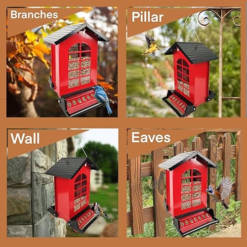 Miniatura 6 de WLLKOO Comedero de pájaros a prueba de ardillas para exteriores, comedero de metal para pájaros con perchas bilaterales activadas por peso, comedero