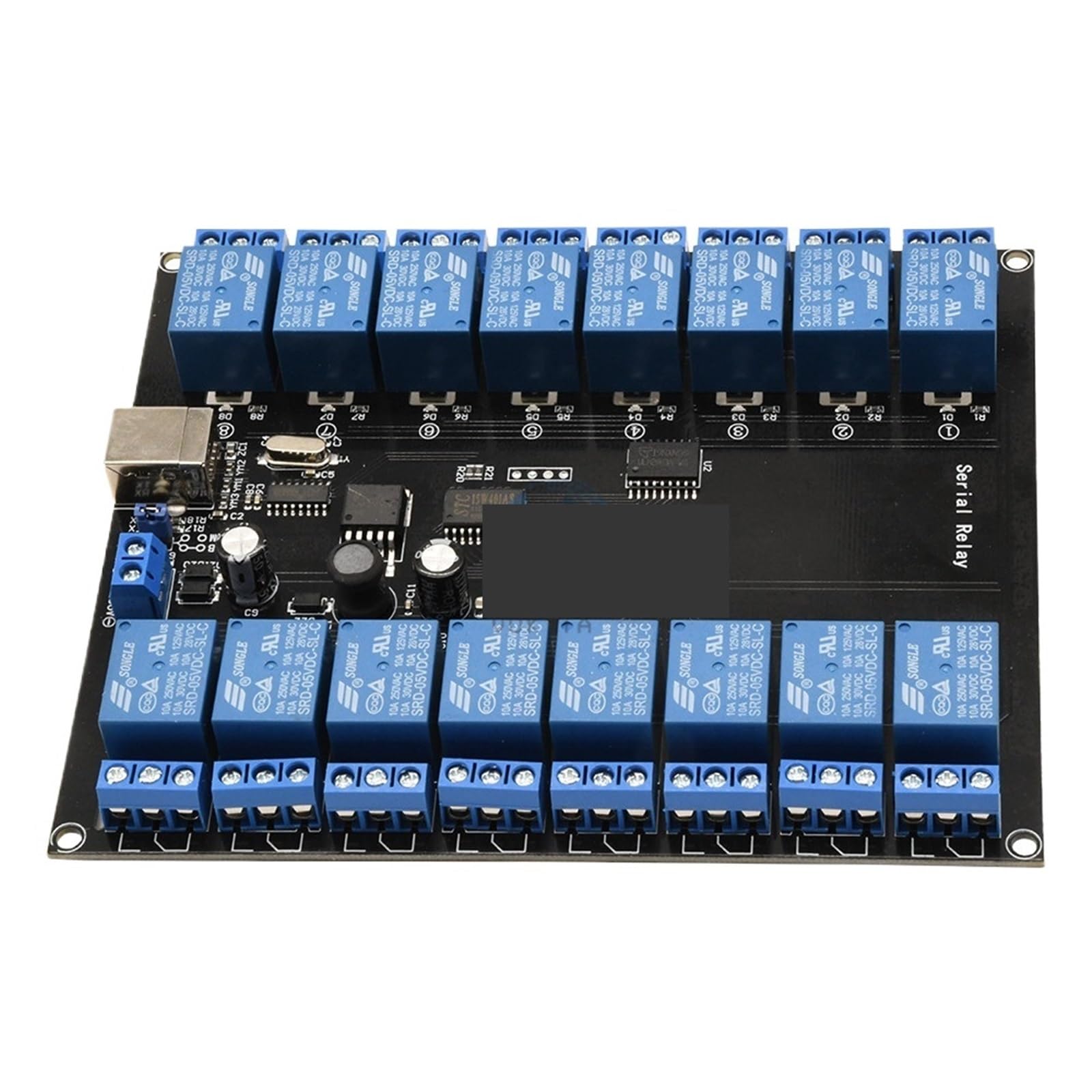 Modulo relè seriale a 16 canali DC 7V-38V, 16 canali, 10A, carico 250V, alimentatore USB, scheda di sviluppo, modulo relè, scheda relè USB