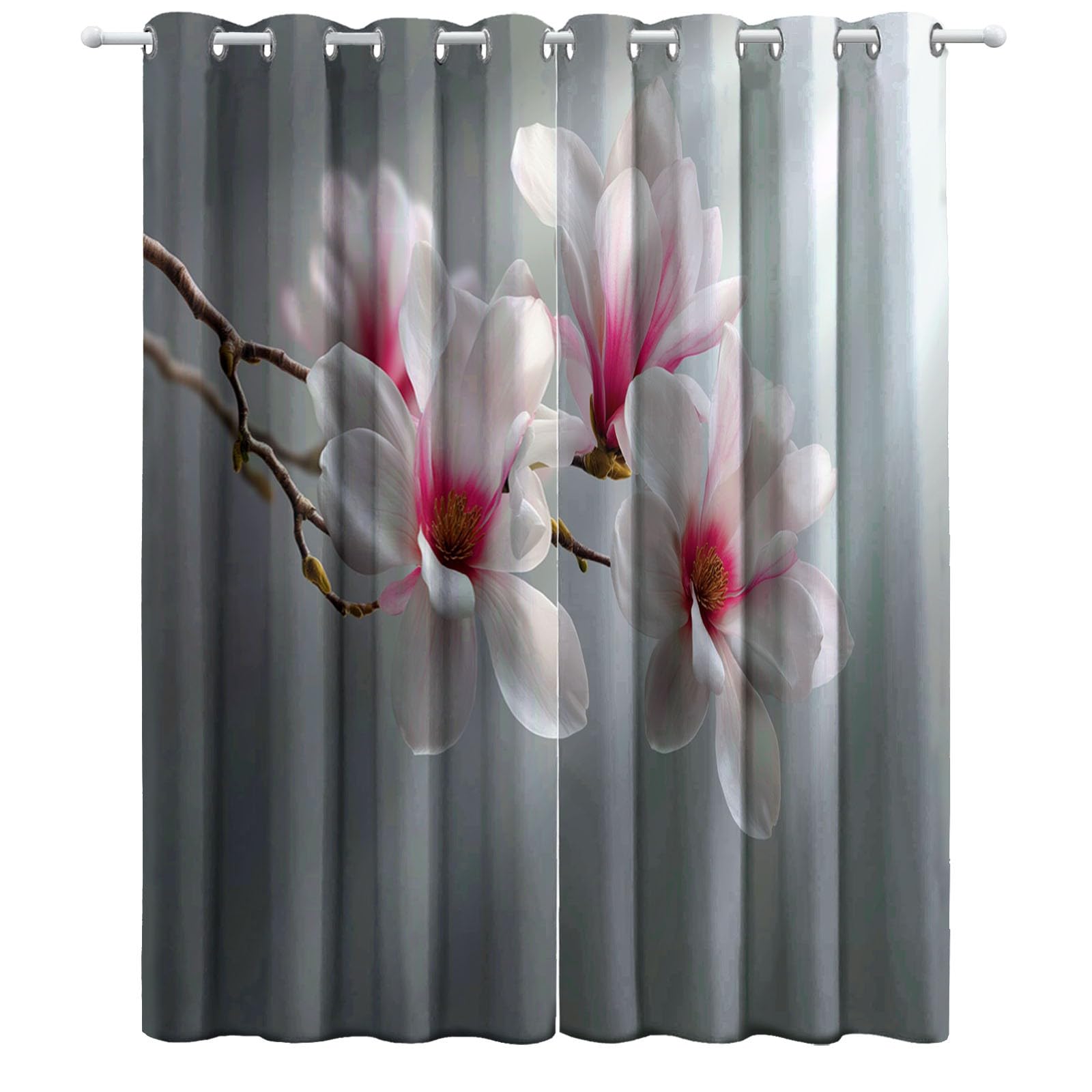 Générique Szara zasłona zaciemniająca do salonu 140 x 260 cm Magnolia Roślina 3D Drukowanie Termiczne Zasłony Izolowane Zimno Poliester Zestaw 2 zasłon okiennych do pokoju dziecięcego Dekoracja kuchni