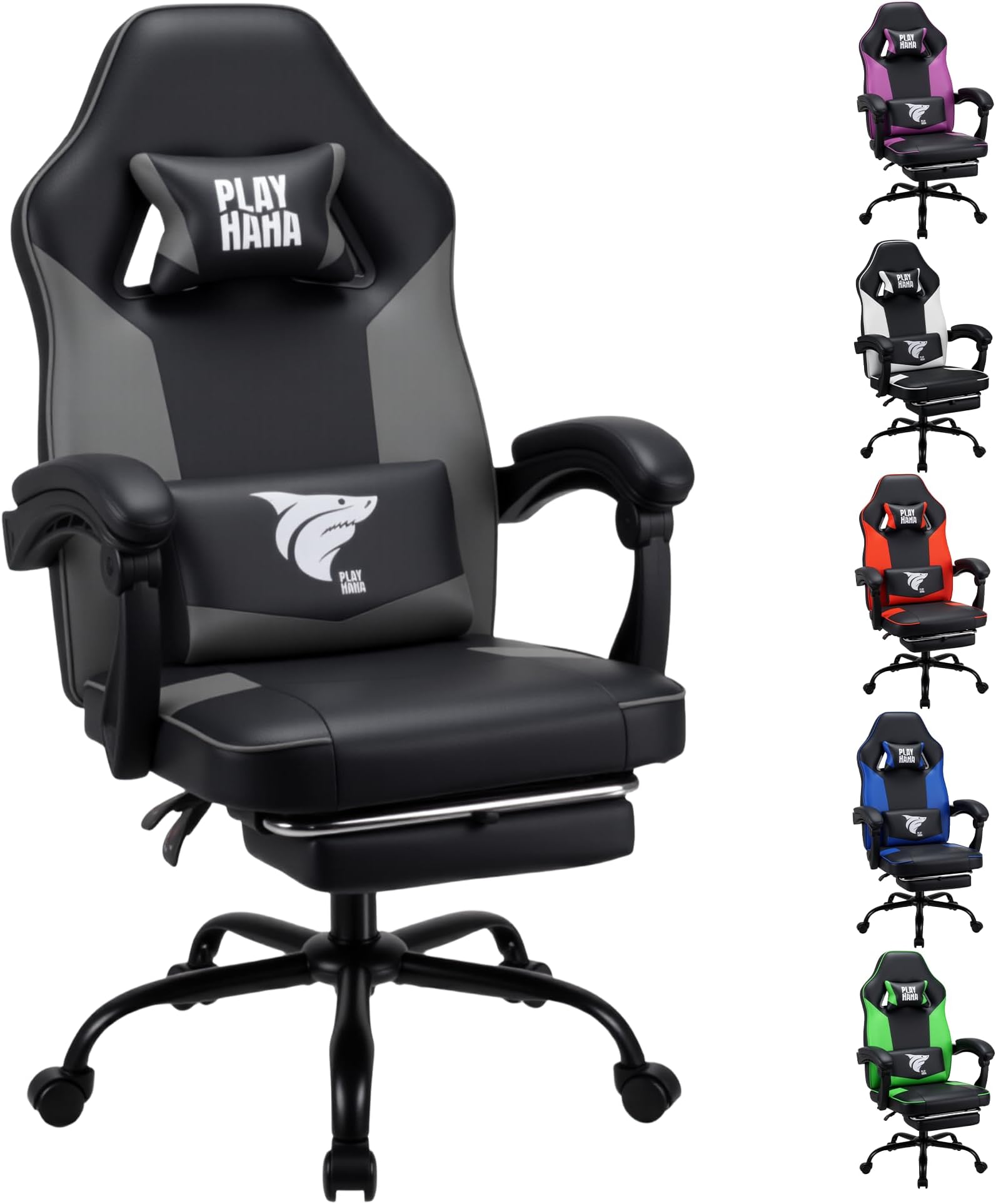 Play haha.Ergonomic Gaming Chair with Footrest, High Back Office Chair with Lumbar Support and Headrest, Faux leather Reclining Swivel Chair for Home and Office (Grey,With footrest)