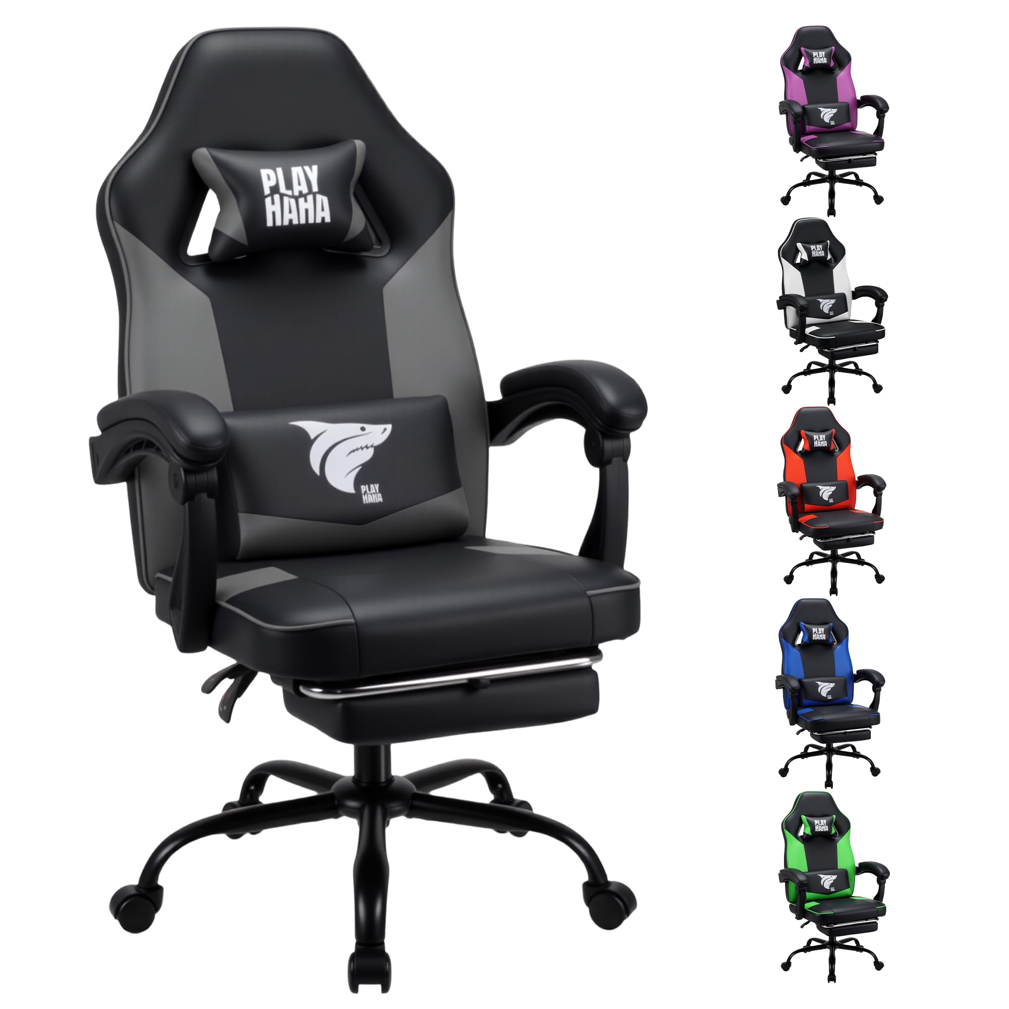 play hahaErgonomic Gaming Chair with Footrest, High Back Office Chair with  Lumbar Support and Headrest, PU Leather Reclining Swivel Chair for Home