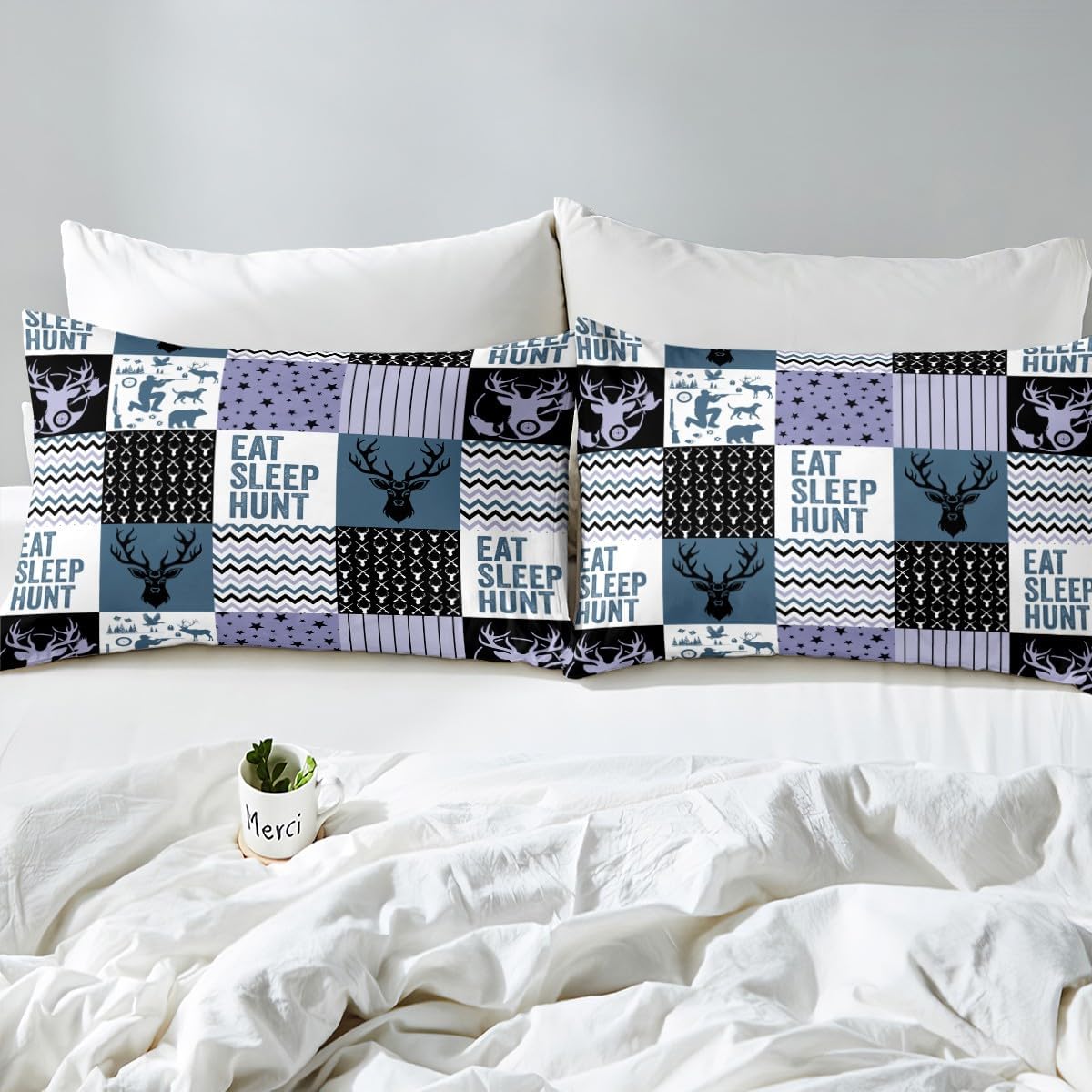 Homewish Deer Patchwork Duvet Cover Set Toddler Size,Eat Sleep Hunt Theme Reversible Quilt Cover for Kids Boys Girls Adventure Blue Purple Black Grid Bedding Set with 1 Pillowcase,No Comforter