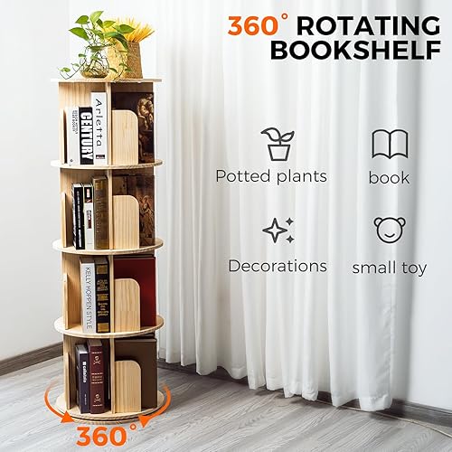 Miniatura 4 de Librería giratoria de 5 niveles con patas,Estantería redonda de madera con pantalla de 360,Estantería giratoria