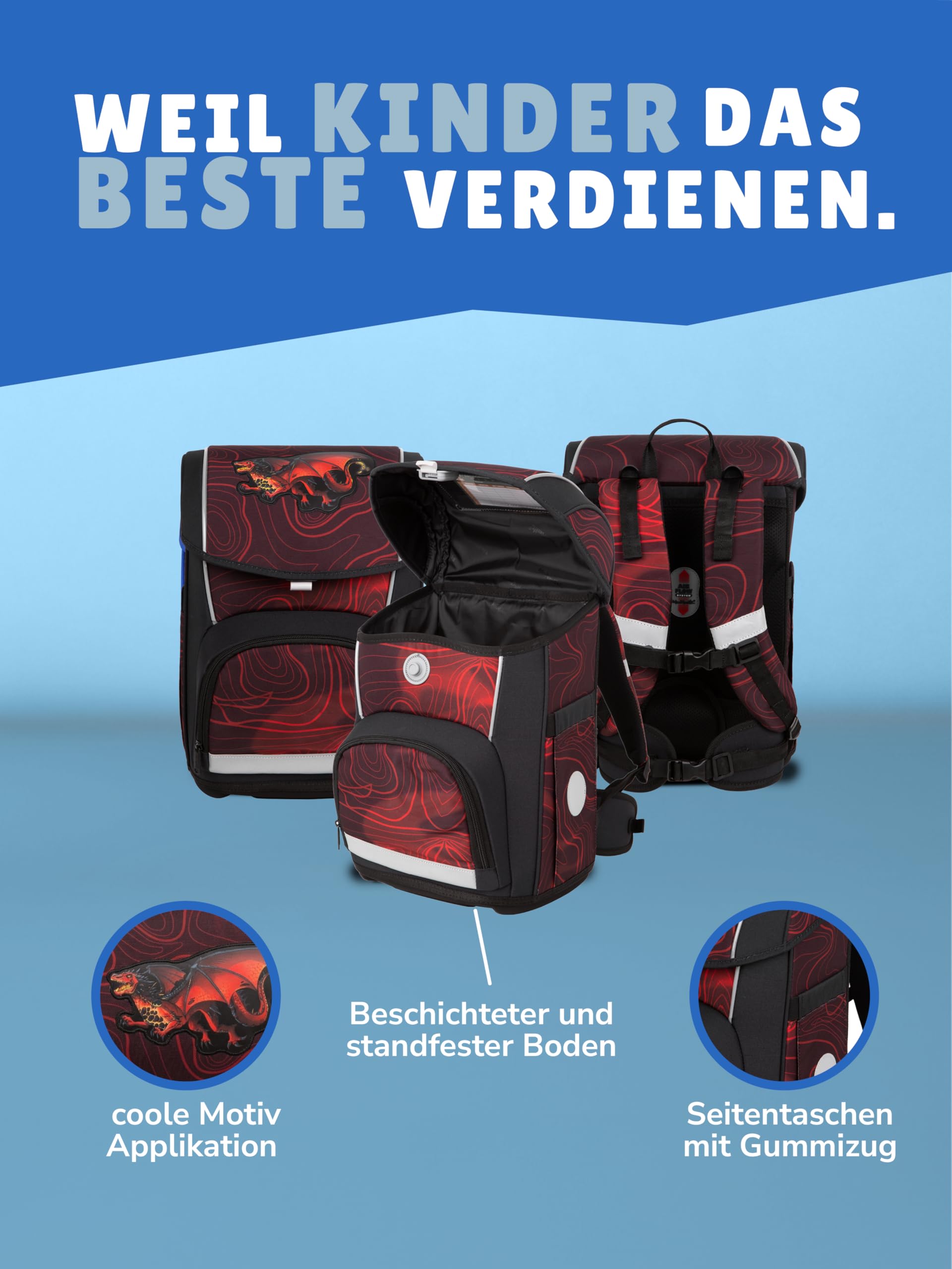 Familando - McNeill Basic Schulranzen Set - 10-teilig mit Schultüte - Drachen - Ergonomisch & Verstellbarer Brustgurt - 960g leicht mit 21L Volumen & Reflektoren - Für Grundschule ab 1. Klasse