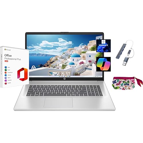 HP 2025 17.3" HD+ Laptop, with Free Lifetime Microsoft Office 2024, Intel Core i3-N305, 16GB RAM, 512GB SSD, Intel UHD Graphics, Windows 11 Pro, Natural Silver, Wi-Fi 6, Copilot, with USB Hub&Pouch