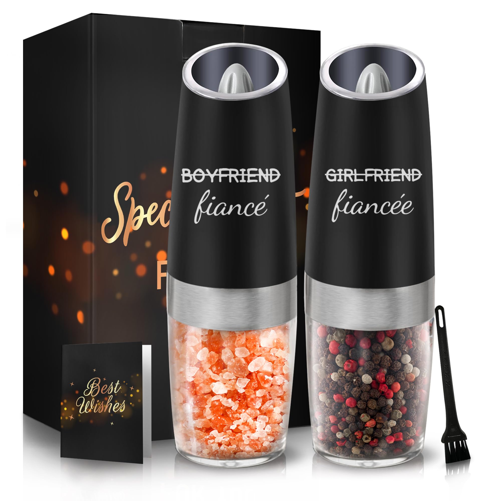 Engagement Gifts for Couples, Christmas Couples Gifts, Fiance Gifts for Women, Future Mrs Gifts, Automatic Gravity Electric Salt and Pepper Grinder Set of 2 with LED Light
