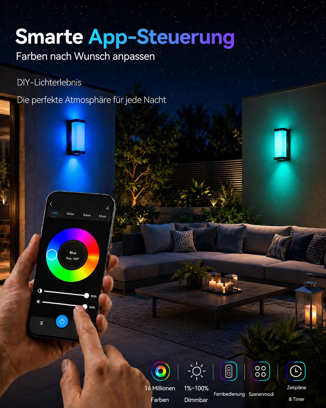 Meevt Aussenlampe Wand RGBCW, 1800LM LED Wandleuchte Aussen, 1 Stück