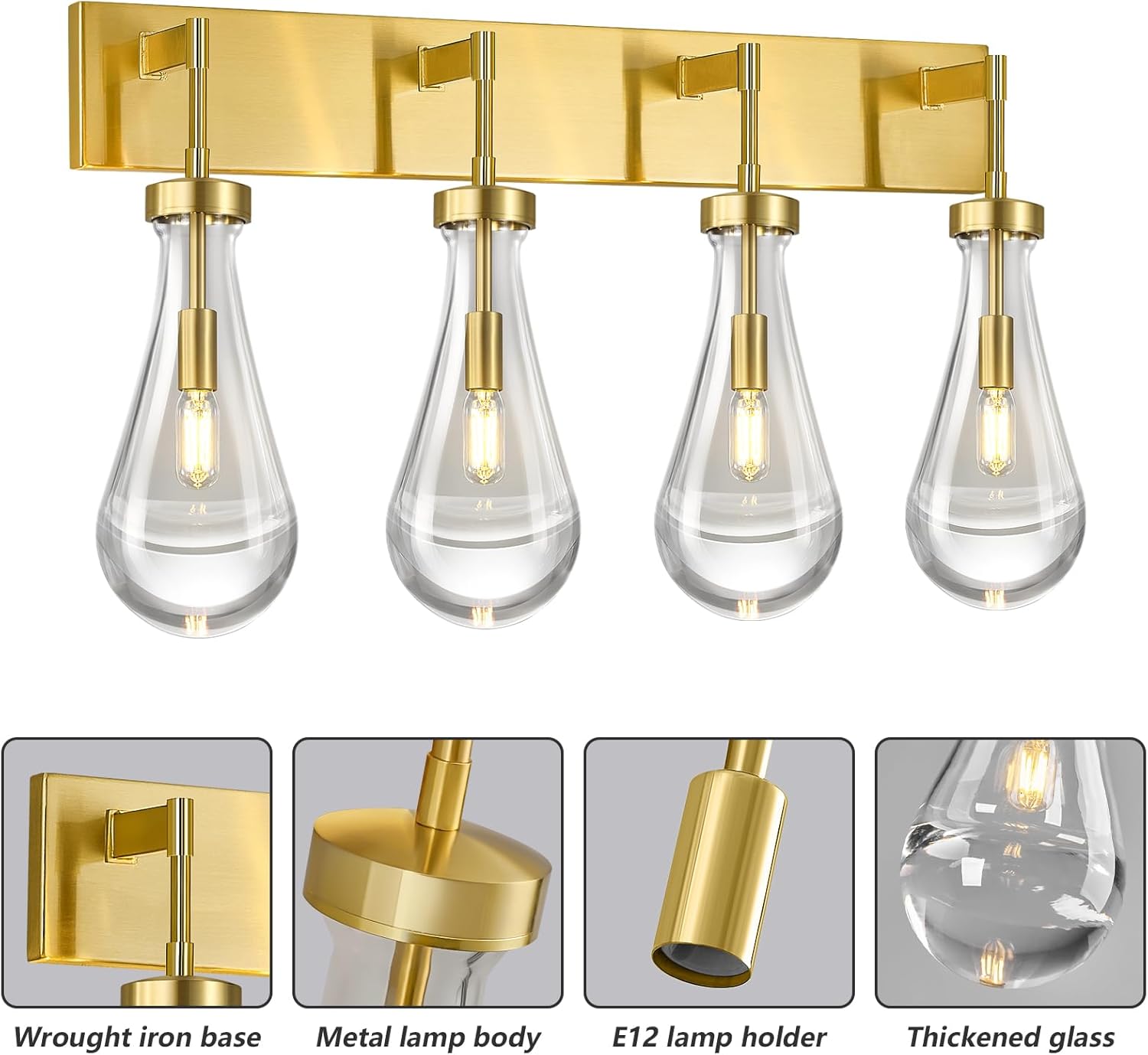 Raindrop Wall Sconces Gold Crystal Sconces Wall Decor Modern Lighting Glass Bathroom Sconces Indoor Vanity Light Wall Lamp for Bedroom Living Room Stair(4-Light)