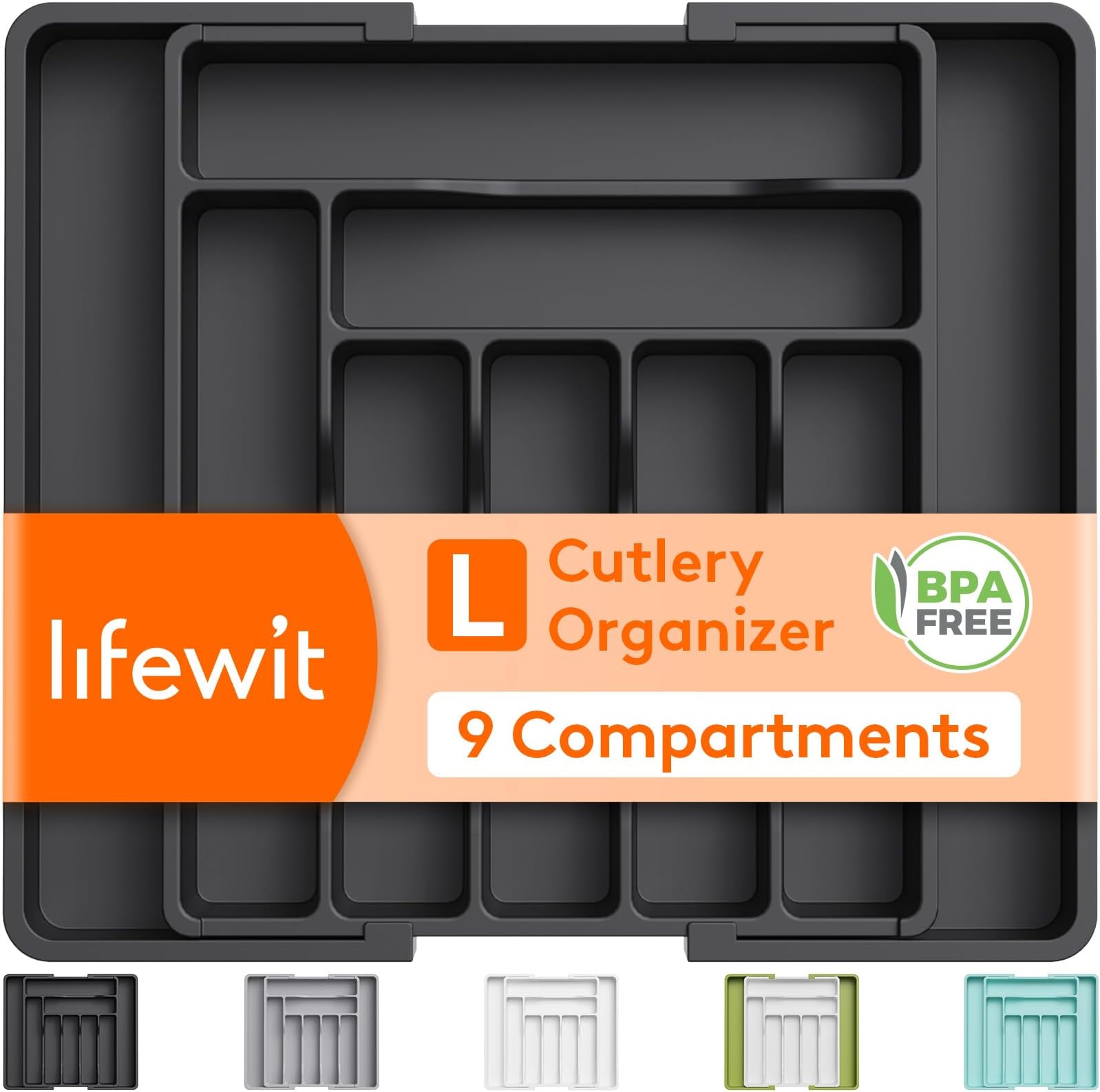 Lifewit Utensil Organizer for Kitchen Drawer, Expandable Cooking Silverware Tray, Adjustable Cutlery Flatware Holder, Plastic Spatula Tools Storage Divider, 13-22.4 x 15", Black