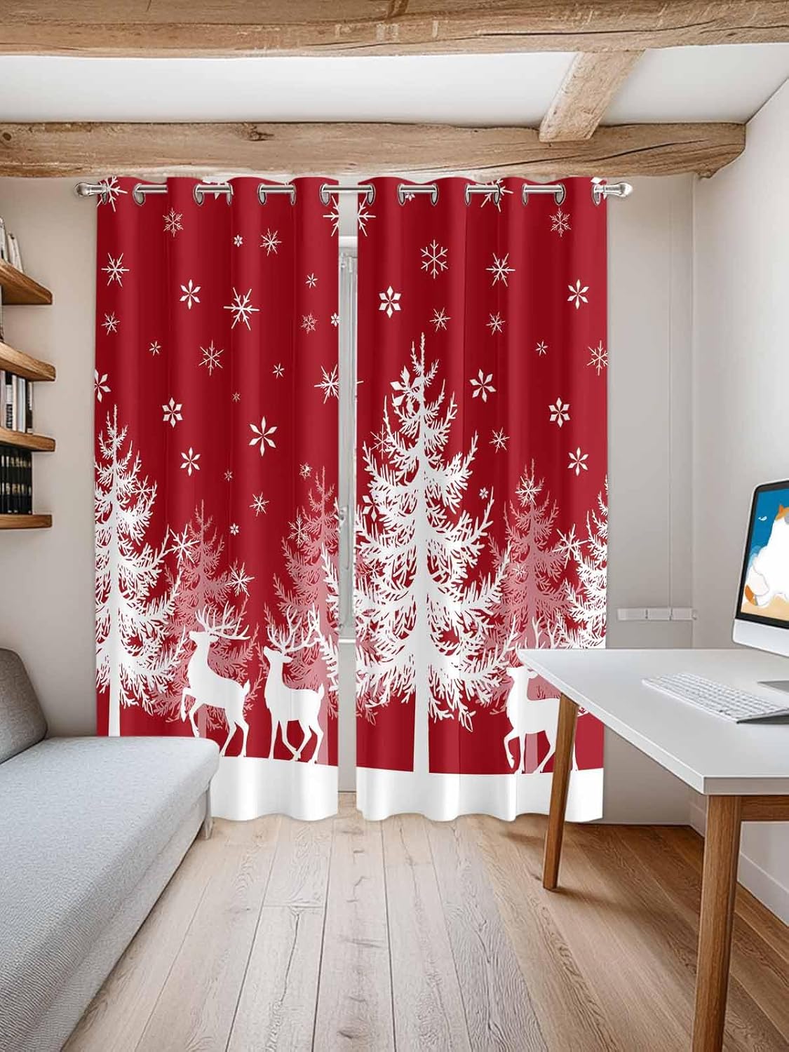 Grommet Top Window Curtains, Christmas Winter Snowflake Tree Elk Red Durable Light Blocking Windows Drapes for Kitchen/Bedroom/Living Room, Window Treatments Curtain Set of 2 Panels 52x96 in