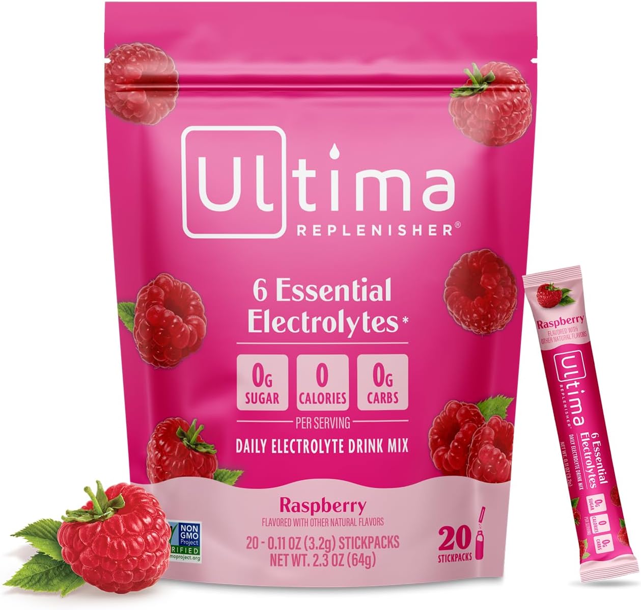 Ultima Replenisher Daily Electrolyte Powder – Raspberry, 20 Stickpacks – Zero Sugar Hydration Packets with 6 Electrolytes and Minerals – Sugar Free, Plant Based & Keto Friendly Drink Mix