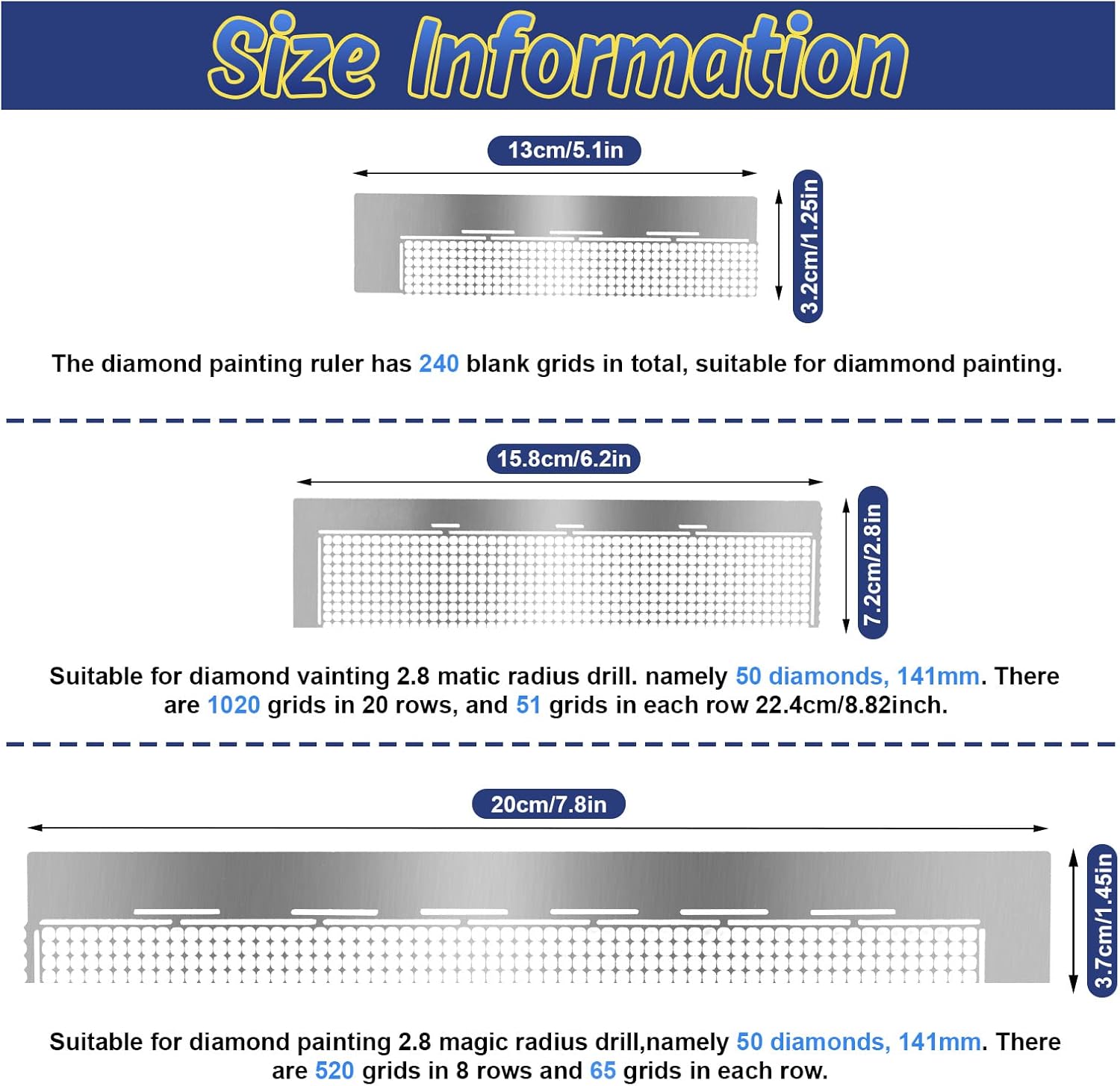 Whaline 3Pcs Stainless Diamond Pasted Drawing Ruler Steel 5D Drawing Mesh Ruler with Fix Tools 240 520 1020 Blank Grids for Full Drill or Partial Drills DIY Art Crafts Diamond Painting Kits