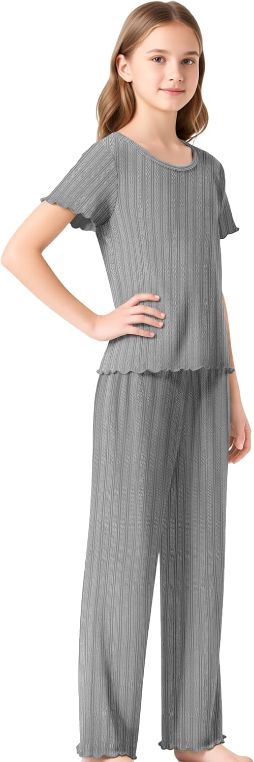 Beezizac Girls Pointelle Knit Lettuce Trim Pajama-Cute Floral/Cherry/Bow Tee & Flared Wide-Leg Pants 2-pc PJs Sizes 6-18 - Image 3