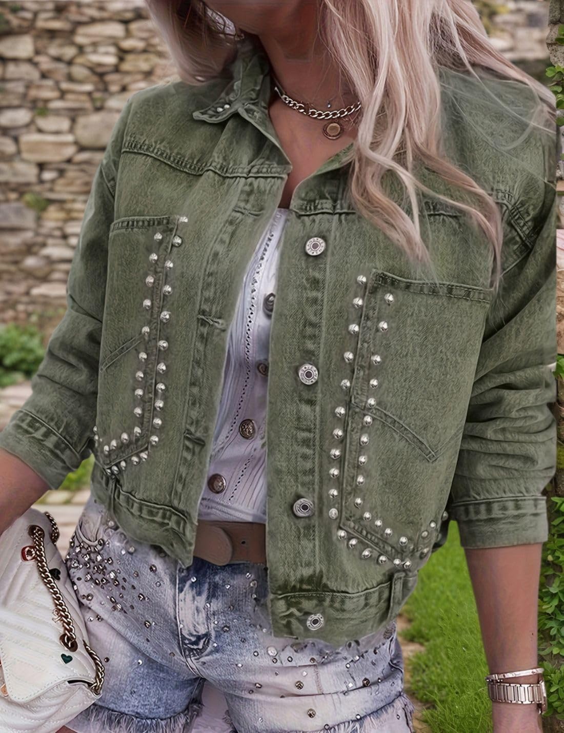 Kwoki Women's Studded Denim Jacket Casual Long Sleeve Western Distressed Rivet Cropped Jean Coat - Image 5