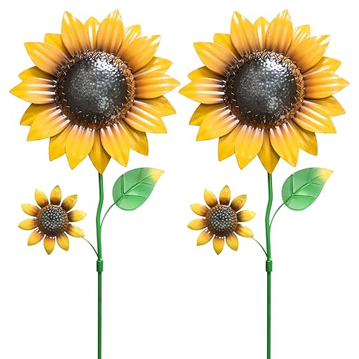 YEAHOME Garden Decor for Outside, 2 Pack 22.4“ Sunflower Garden Stakes Spring Decor, Metal Flowers with Shaking Head Yard Art for Outdoor Yard Lawn Patio Decoration