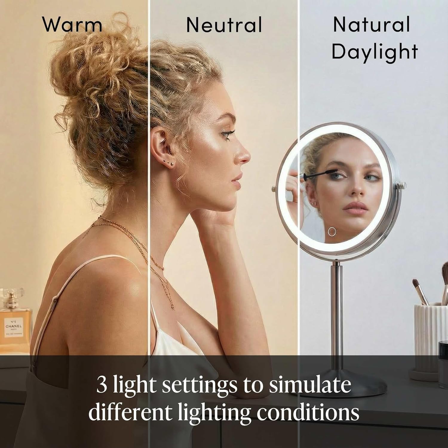 Fancii 9-Inch Lighted Makeup Mirror Height Adjustable with 10X /1X Magnification - Rechargeable, Double Sided LED Vanity Mirror with Light and Stand, 360° Swivel (Hailey) - Image 5