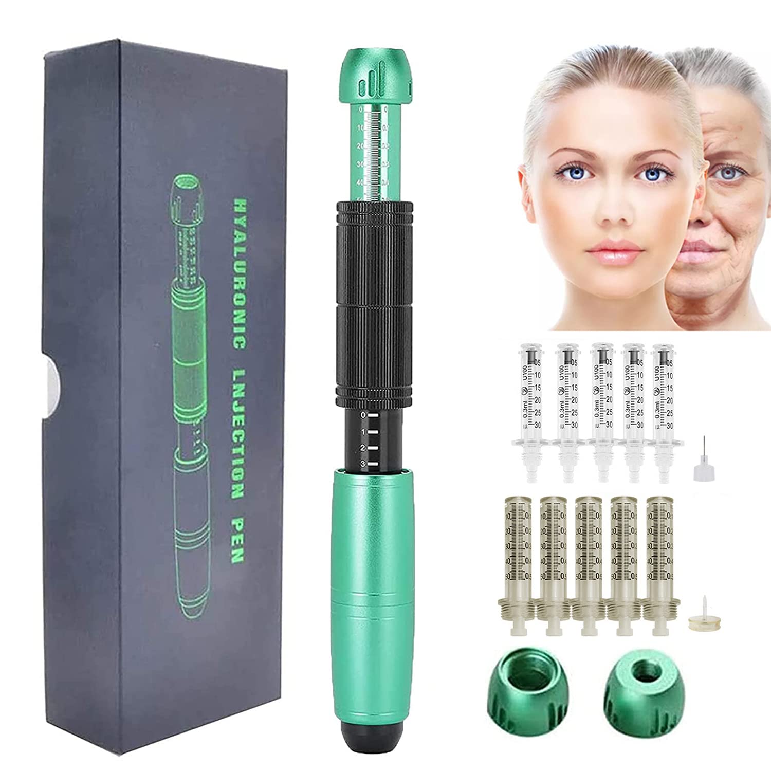 Hyaluron Injection Pen Kit 0.3ml/0.5ml Hyaluronic Acid Painless Needleless Injection Pen for Stretch Marks Acne Scar Skin Rejuvenation Tool with 10 Ampoule Head,Green