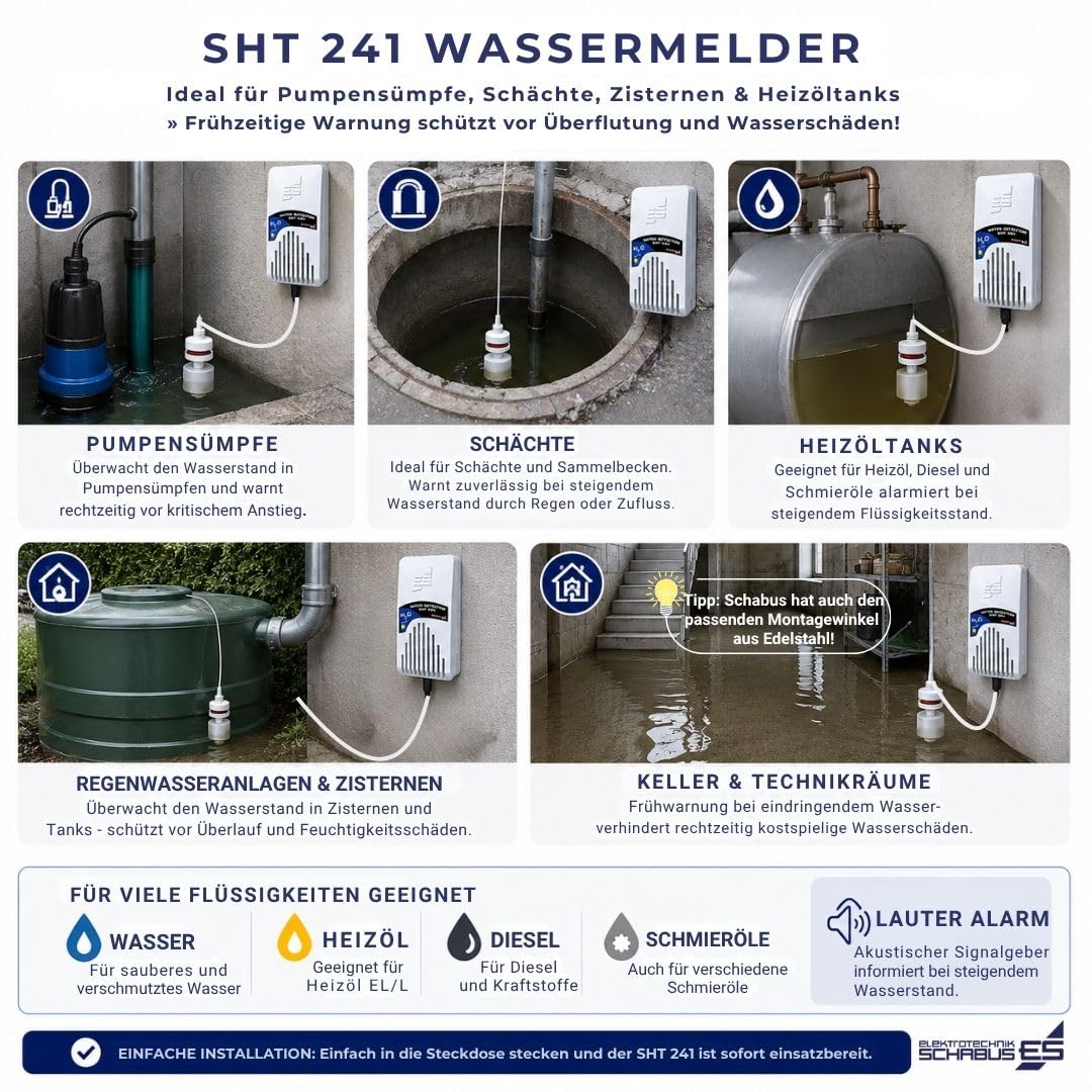 SCHABUS SHT 241 - Detector de Agua de 230 V con Mini Interruptor de Flotador, Alarma acústica y óptica, Cable Sensor de 2,5 m, para Aguas sucias, fuelóleo y cisternas