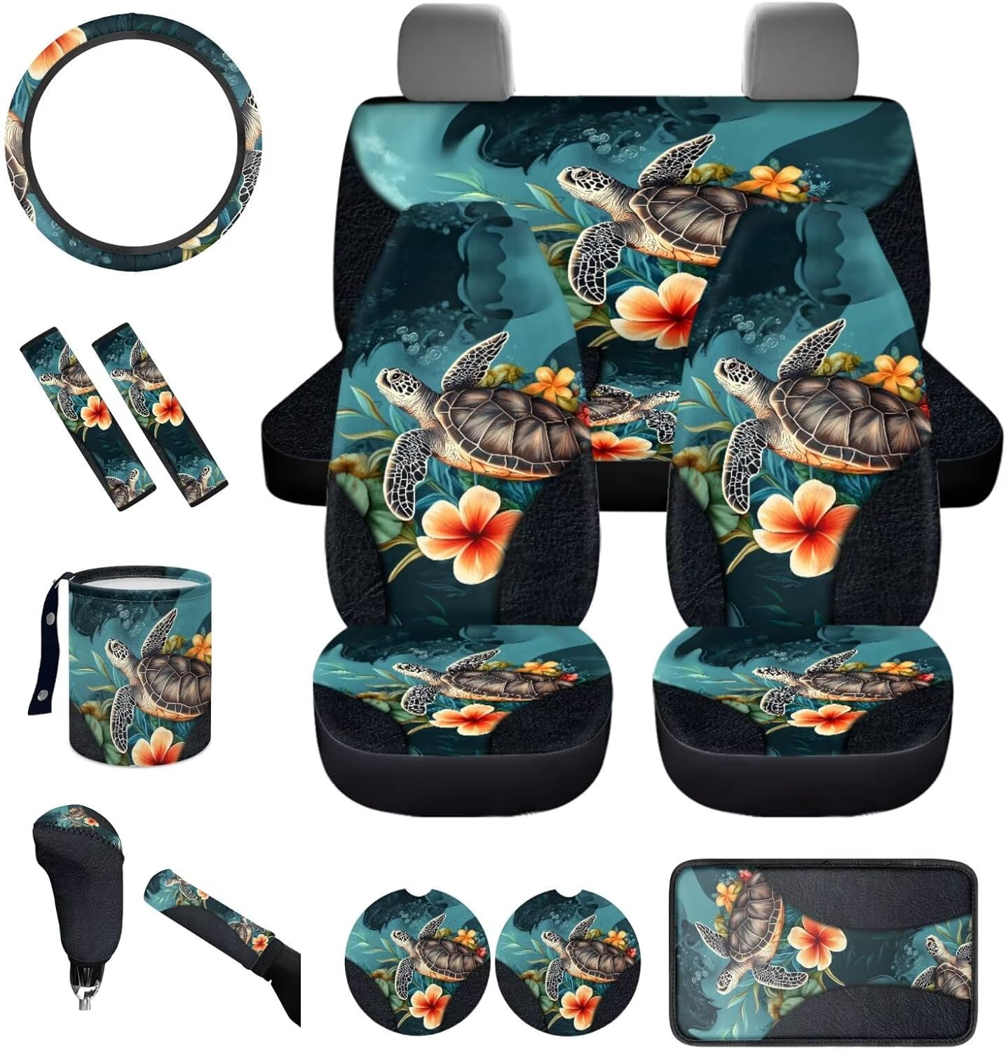 Hawaiin Sea Turtle Car Seat Covers Full Set,13 Pieces Art Turtle Print Seatbelt Shoulder Pads,Collapsible Garbage Bin,Armrest Pad Cover,Armrest Pad Set for Women Men Auto Interior Accessories