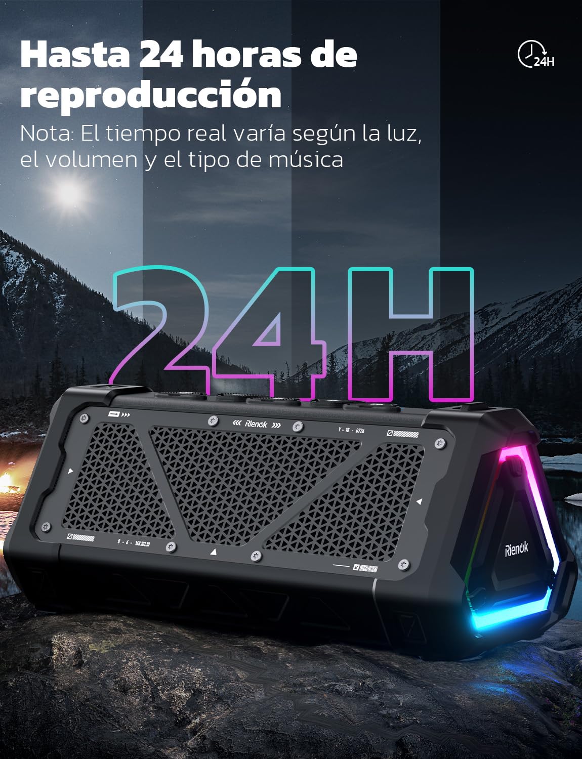 RIENOK S11 30W Altavoz Bluetooth Potente Impermeable IPX7 3 EQ Modos Bluetooth 5.3 Portátil Inalámbrica Dura 24 Horas Emparejamiento Estéreo Luz RGB Apoya Tarjeta TF