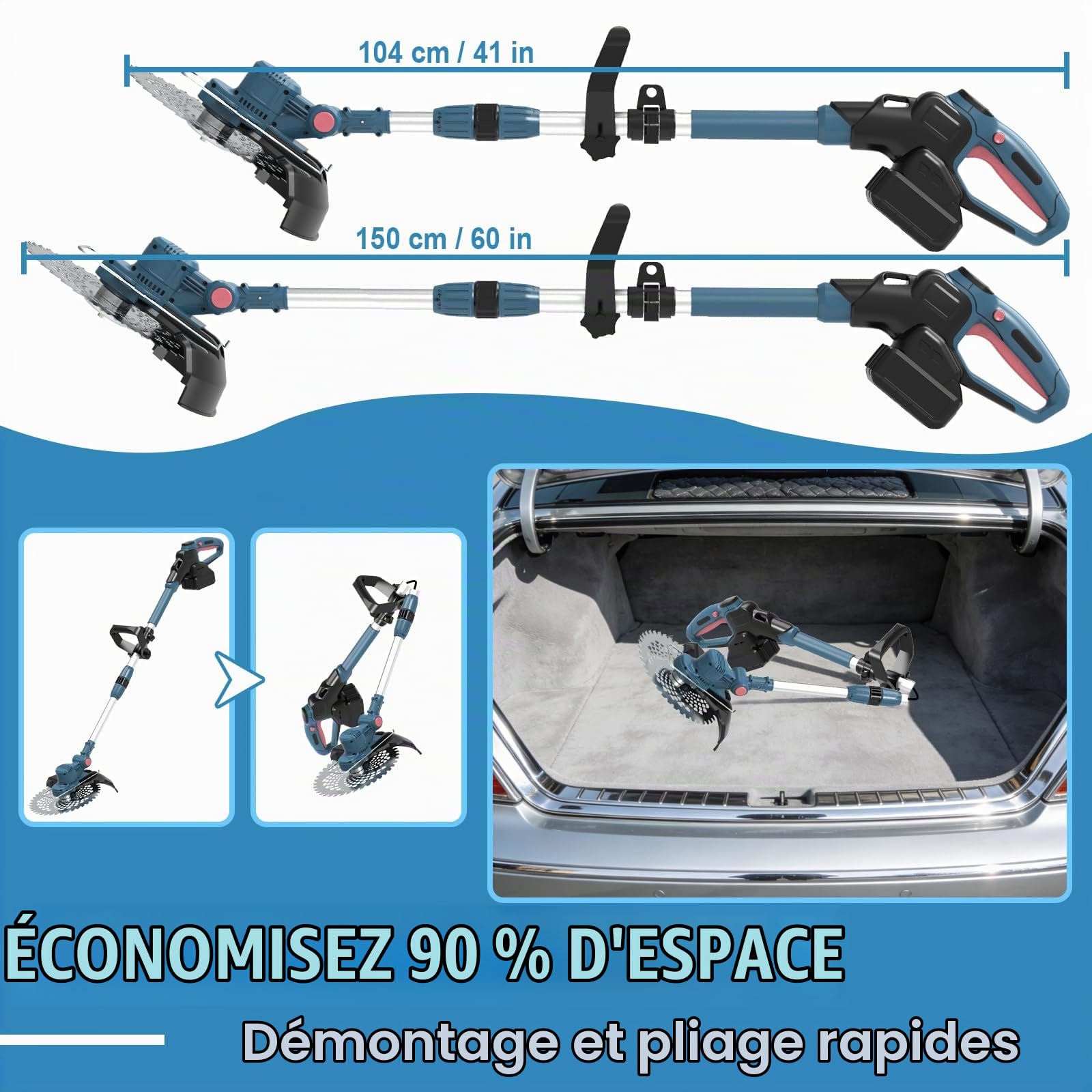 Coupe Bordure sans Fil avec Batterie,21 V, 2 batteries 4,0 Ah, coupe-bordures/débroussailleuse 5 en 1 avec brosse de désherbage,Moteur sans balais 750 W Pliable Adapté pour jardin et pelouse-dark blue