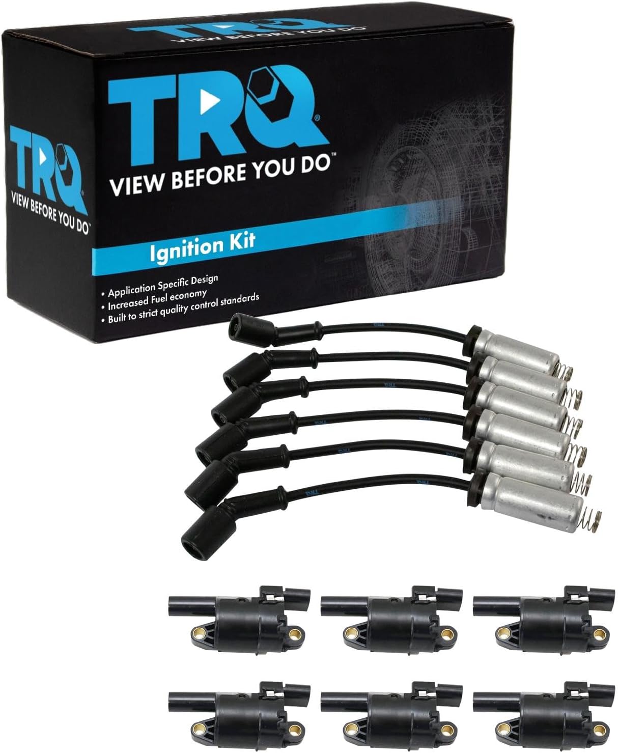 TRQ Ignition Kit Ignition Coils Spark Plug Wire Set 7 Piece Compatible with 2014-2021 Chevrolet Silverado 1500 4.3L V6 2014-2021 GMC Sierra 1500 4.3L V6 ROUND STYLE COIL ONLY